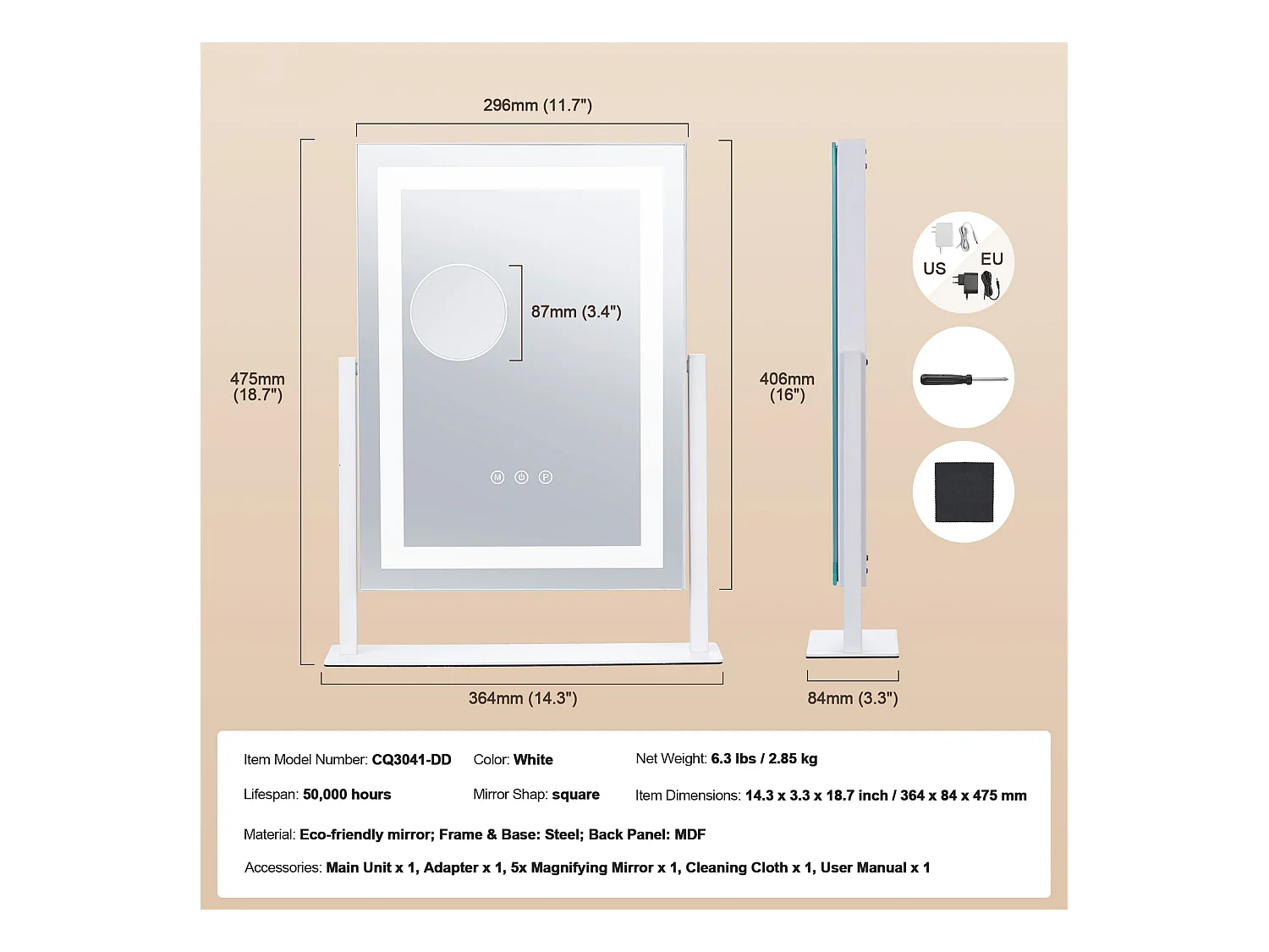 Espelho de Maquiagem Iluminado SucceBuy, Bluetooth, 3 Cores, 41 x 30 cm, 5X, Rotação a 360°, Branco, para o Maquiagem de Mesa no Quarto
