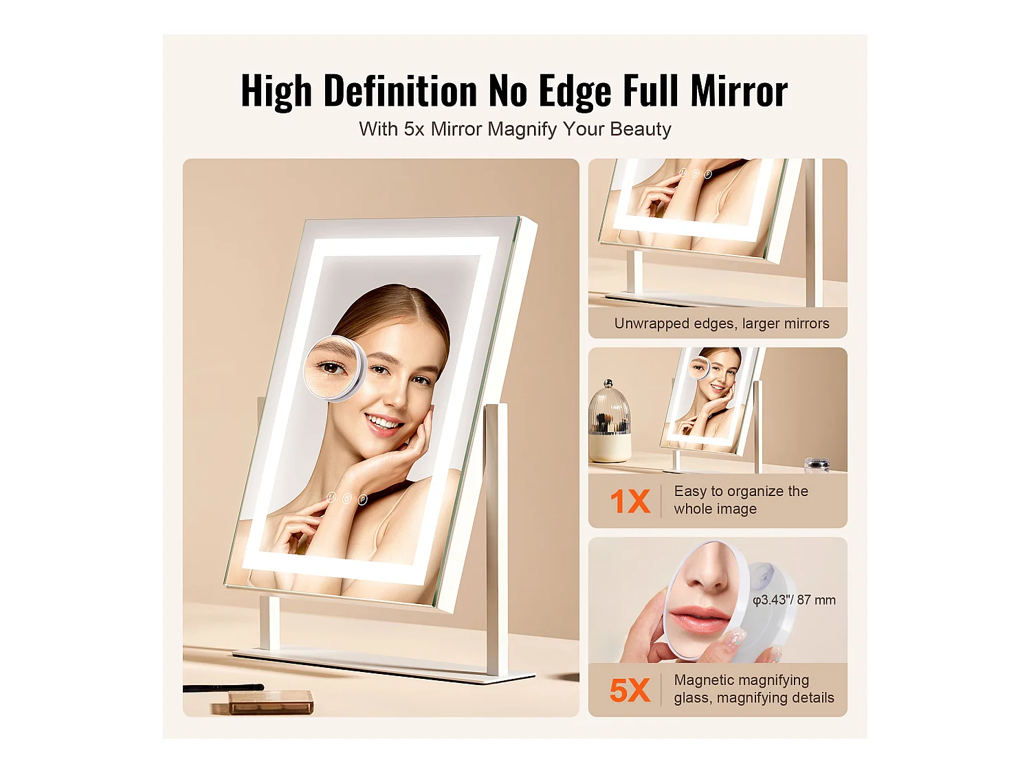 Espelho de Maquiagem Iluminado SucceBuy, Bluetooth, 3 Cores, 41 x 30 cm, 5X, Rotação a 360°, Branco, para o Maquiagem de Mesa no Quarto