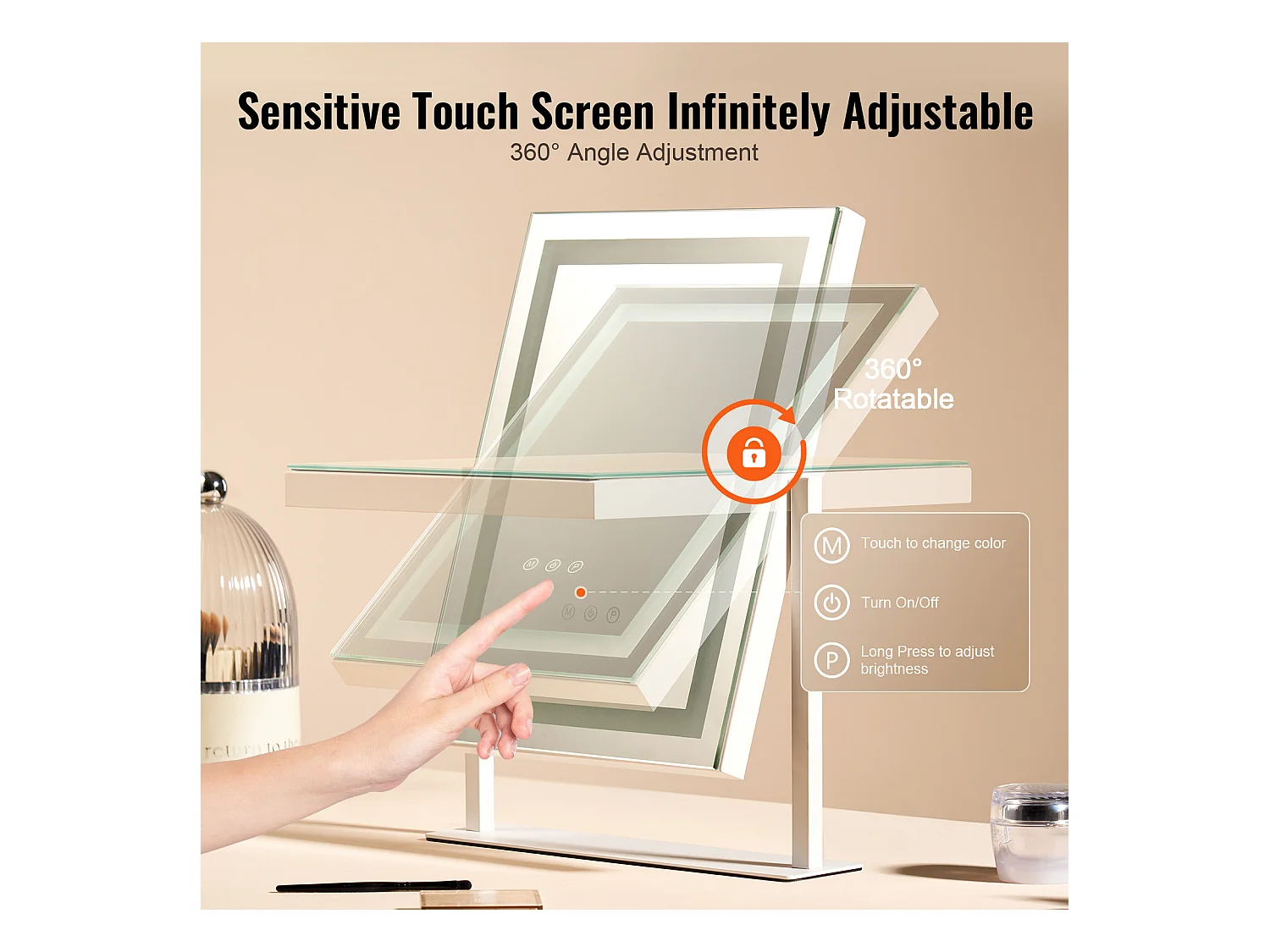 Espelho de Maquiagem Iluminado SucceBuy, Bluetooth, 3 Cores, 41 x 30 cm, 5X, Rotação a 360°, Branco, para o Maquiagem de Mesa no Quarto