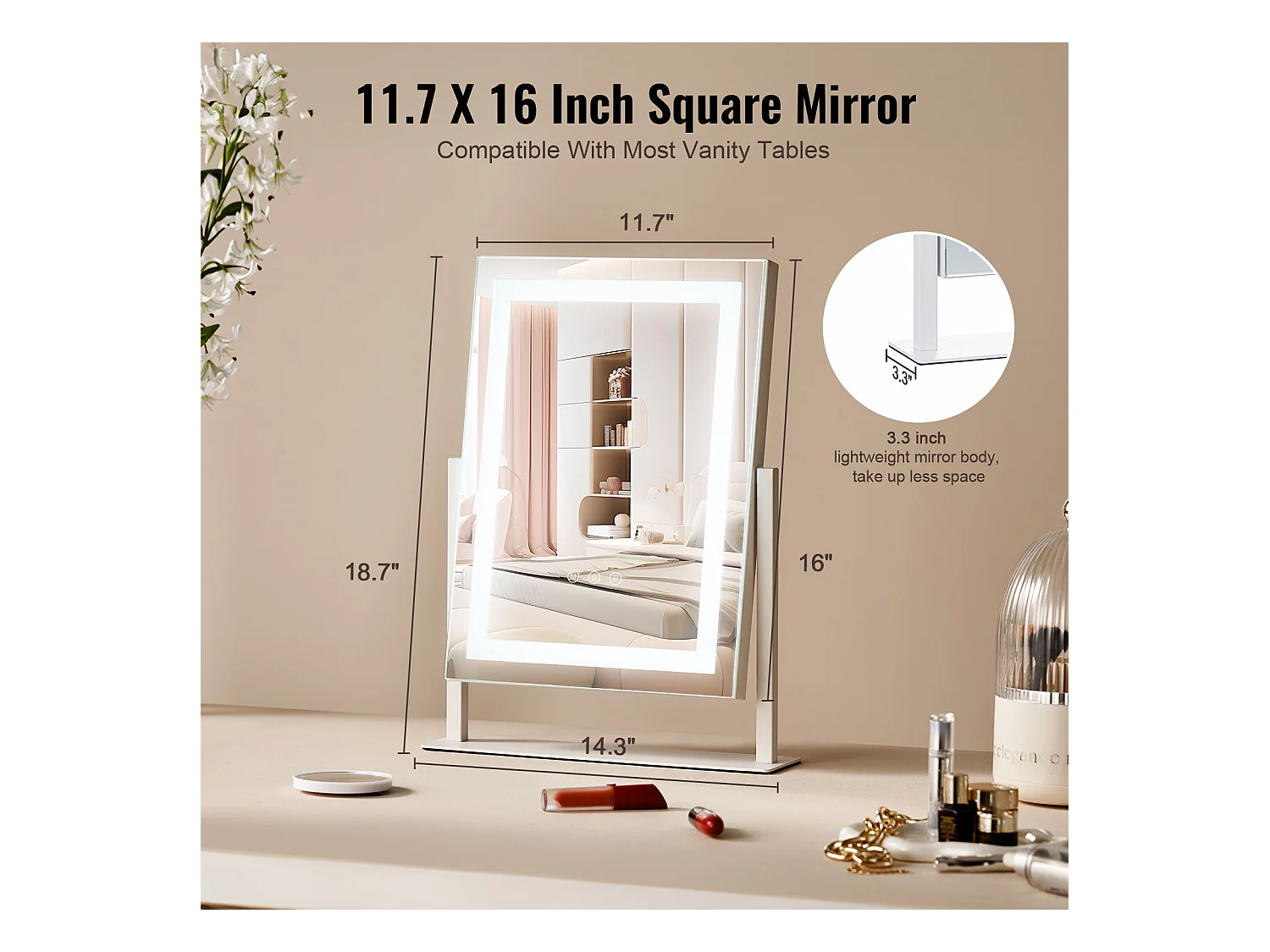 Espelho de Maquiagem Iluminado SucceBuy, Bluetooth, 3 Cores, 41 x 30 cm, 5X, Rotação a 360°, Branco, para o Maquiagem de Mesa no Quarto