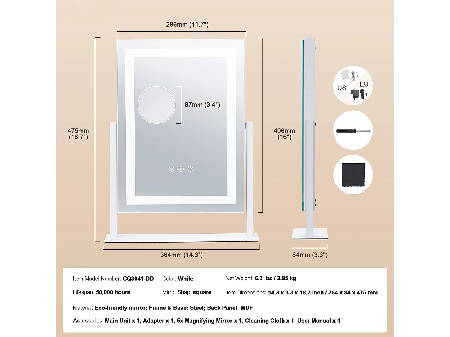 Miroir de Maquillage Éclairé SucceBuy, Bluetooth, 3 Couleurs, 41 x 30 cm, 5X, Rotation à 360°, Blanc, pour le Maquillage de Table dans la Chambre