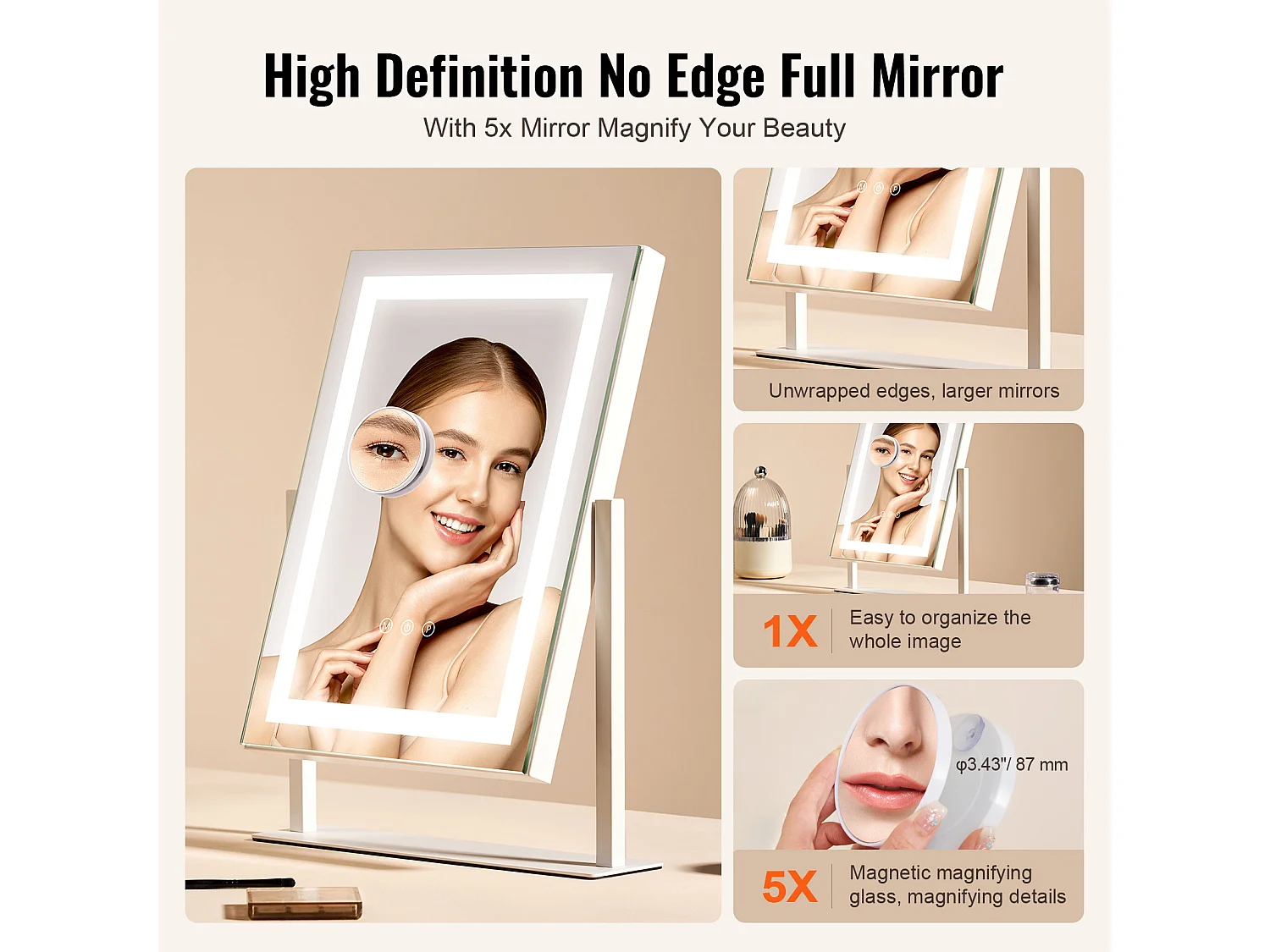 Miroir de Maquillage Éclairé SucceBuy, Bluetooth, 3 Couleurs, 41 x 30 cm, 5X, Rotation à 360°, Blanc, pour le Maquillage de Table dans la Chambre