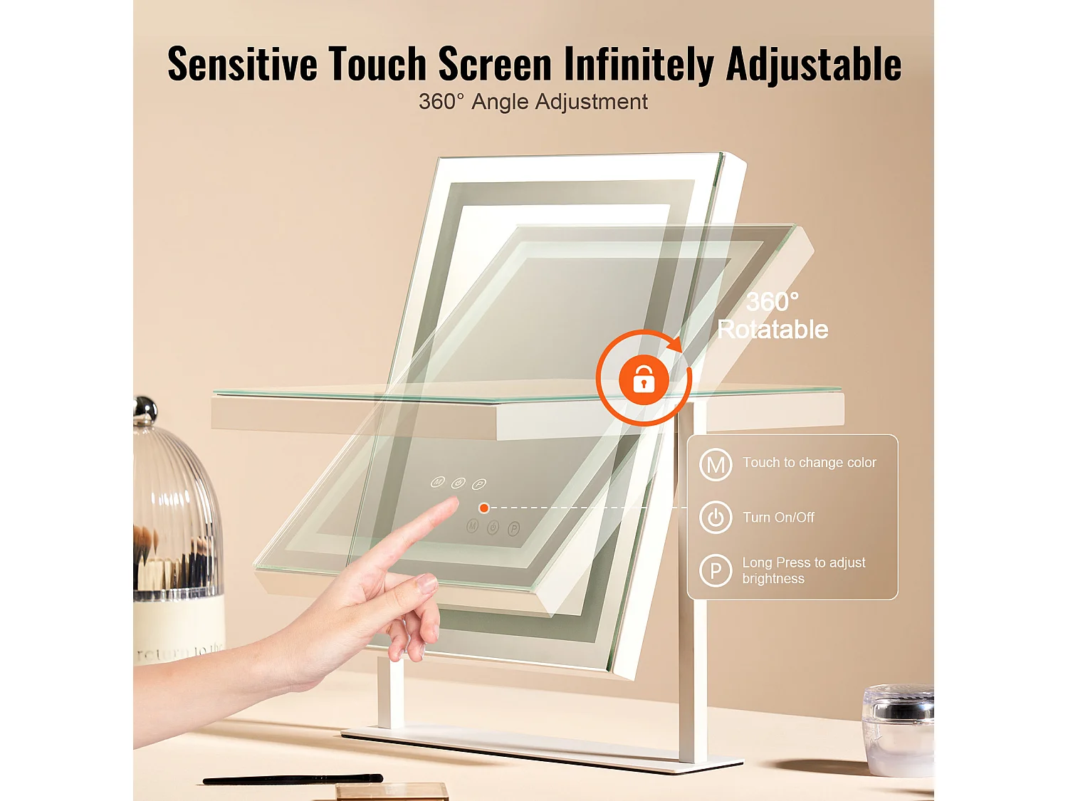 Miroir de Maquillage Éclairé SucceBuy, Bluetooth, 3 Couleurs, 41 x 30 cm, 5X, Rotation à 360°, Blanc, pour le Maquillage de Table dans la Chambre