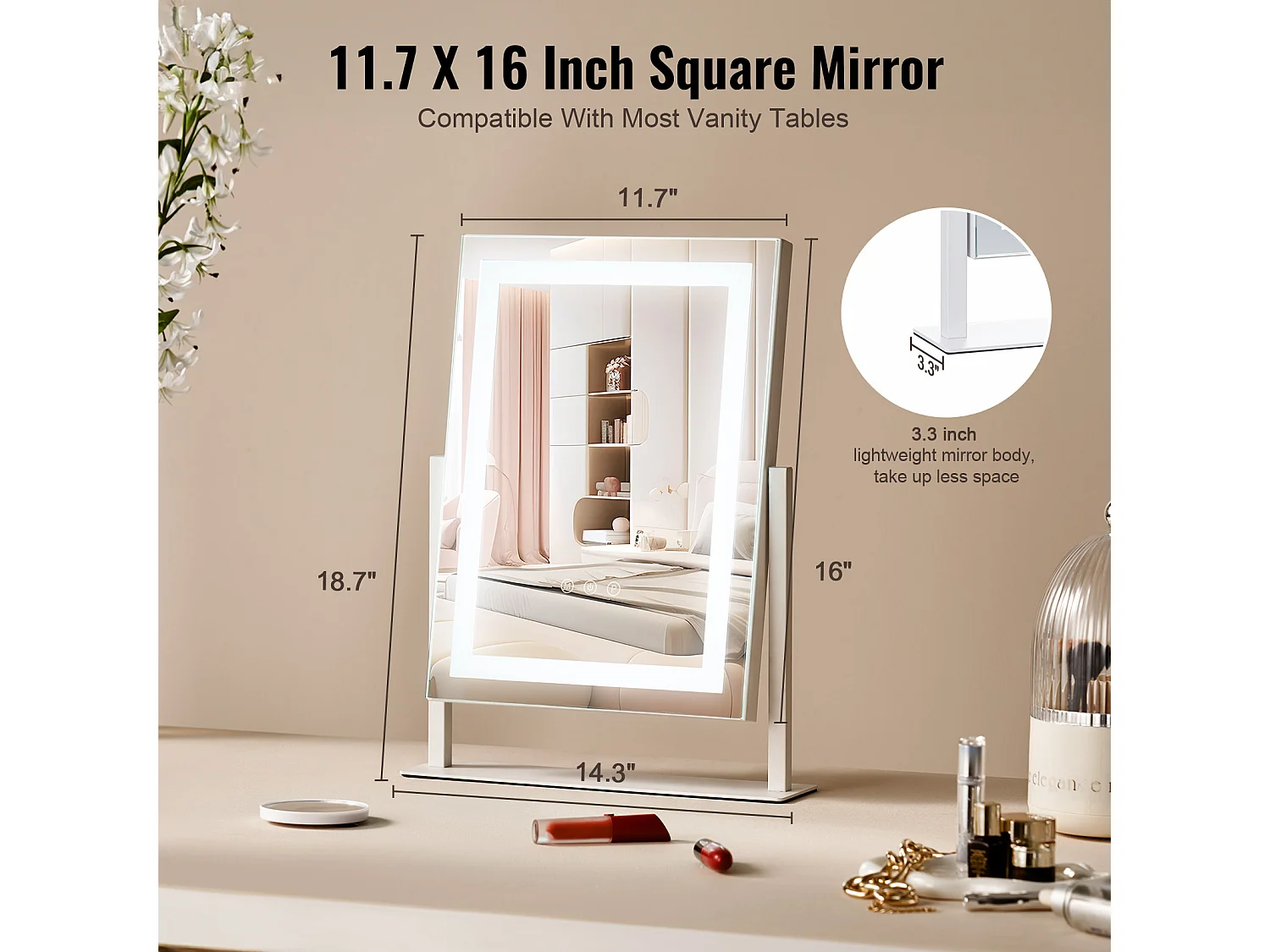 Miroir de Maquillage Éclairé SucceBuy, Bluetooth, 3 Couleurs, 41 x 30 cm, 5X, Rotation à 360°, Blanc, pour le Maquillage de Table dans la Chambre