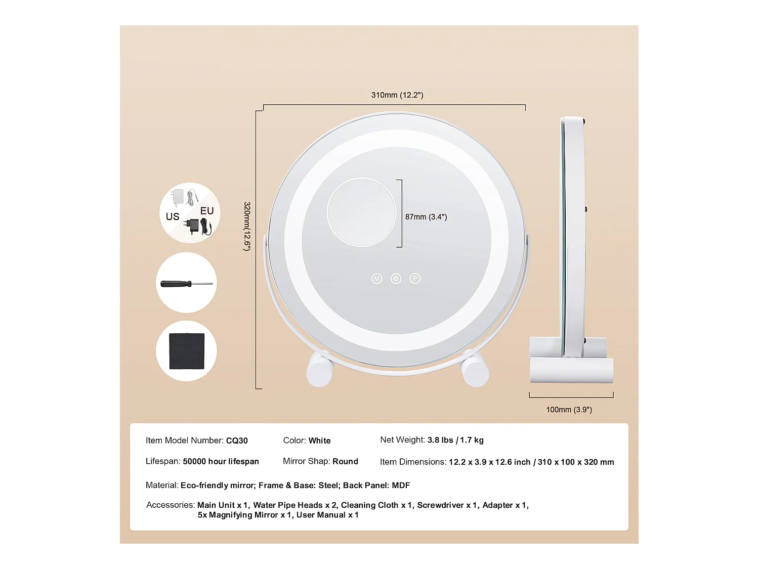 Espelho de Maquiagem com LED SucceBuy, 30.48 cm, Redondo, 3 Modos de Cor, Aumento 5X, Branco, para o Maquiagem de Mesa no Quarto