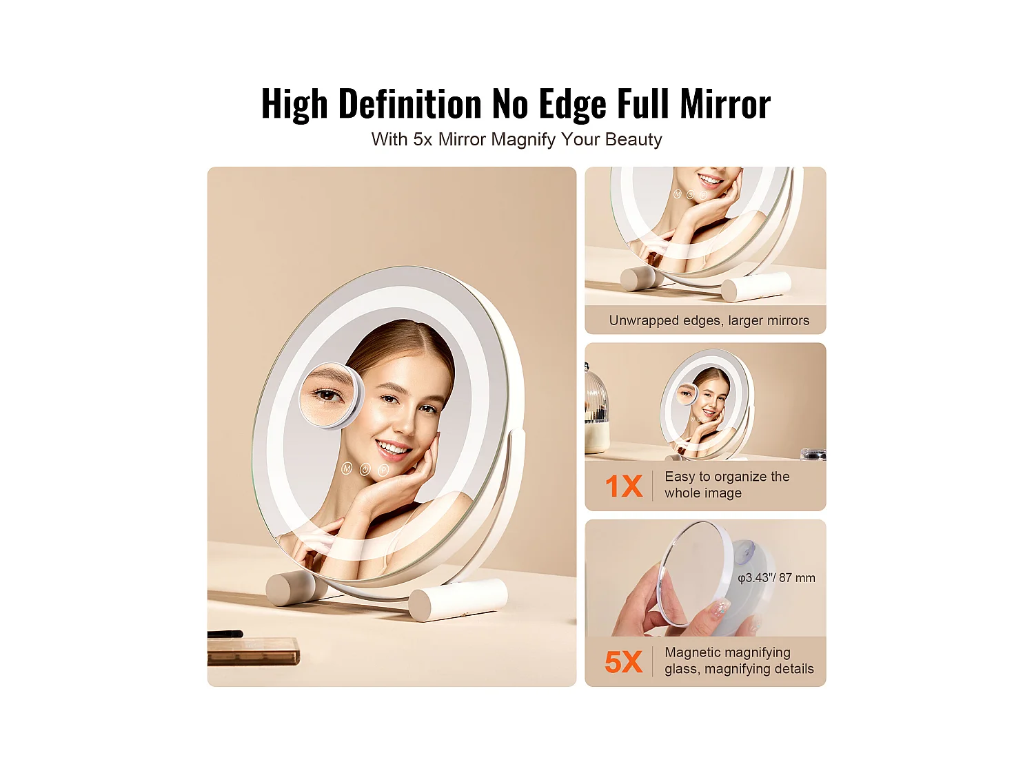 Espelho de Maquiagem com LED SucceBuy, 30.48 cm, Redondo, 3 Modos de Cor, Aumento 5X, Branco, para o Maquiagem de Mesa no Quarto