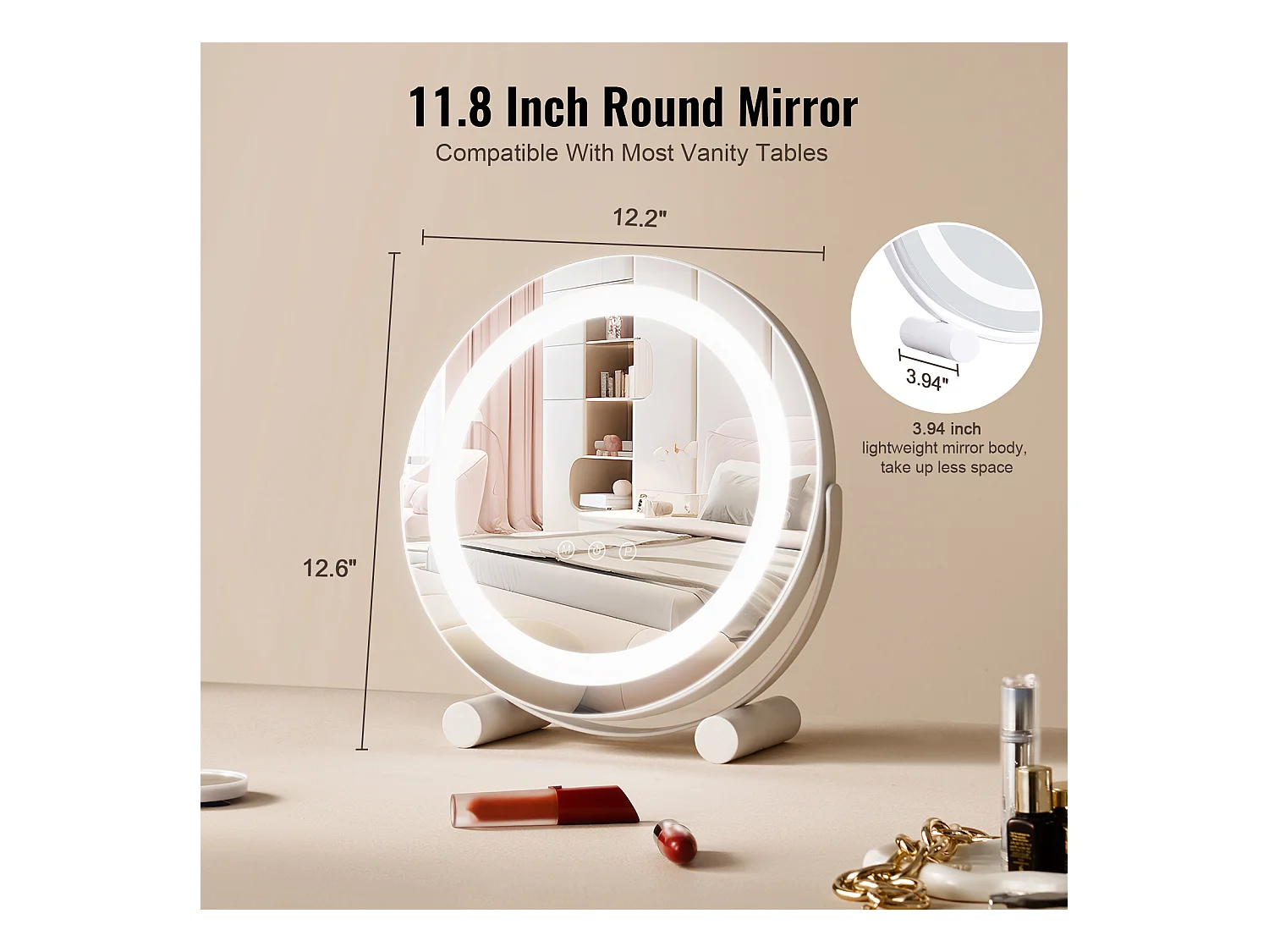 Espelho de Maquiagem com LED SucceBuy, 30.48 cm, Redondo, 3 Modos de Cor, Aumento 5X, Branco, para o Maquiagem de Mesa no Quarto