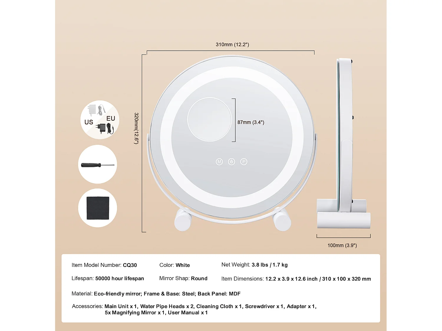 Espejo de Maquillaje con LED SucceBuy, 30.48 cm, Redondo, 3 Modos de Color, Aumento 5X, Blanco, para el Maquillaje de Mesa en la Habitación