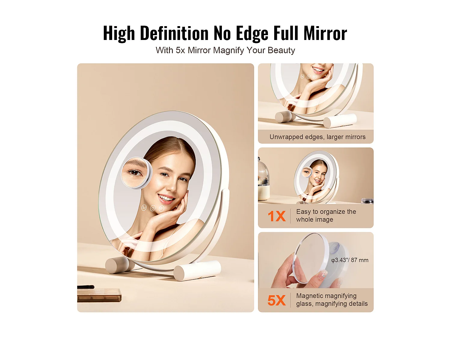 Espejo de Maquillaje con LED SucceBuy, 30.48 cm, Redondo, 3 Modos de Color, Aumento 5X, Blanco, para el Maquillaje de Mesa en la Habitación