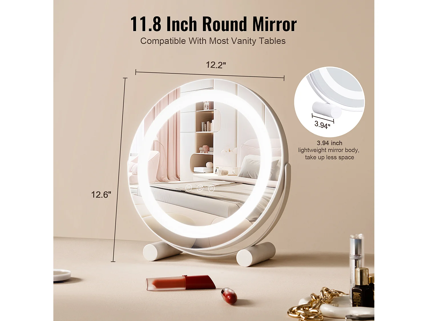 Espejo de Maquillaje con LED SucceBuy, 30.48 cm, Redondo, 3 Modos de Color, Aumento 5X, Blanco, para el Maquillaje de Mesa en la Habitación