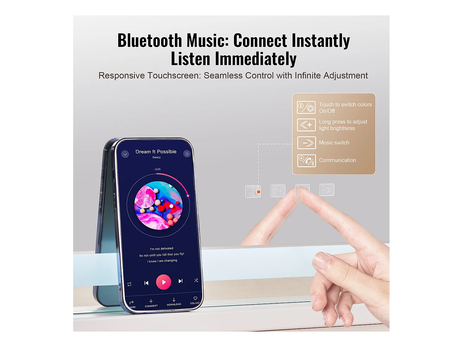 Specchio per Trucco Illuminato SucceBuy, Bluetooth, 3 Colori, 55 cm, Ingrossamento 5X, USB, Bianco, per il Trucco da Tavolo nella Camera