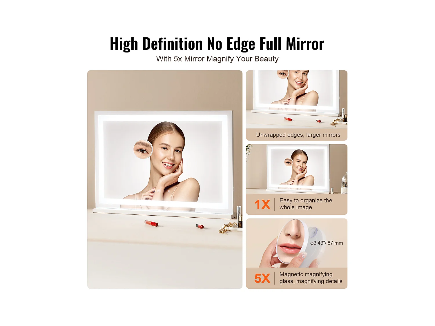 Specchio per Trucco Illuminato SucceBuy, Bluetooth, 3 Colori, 55 cm, Ingrossamento 5X, USB, Bianco, per il Trucco da Tavolo nella Camera