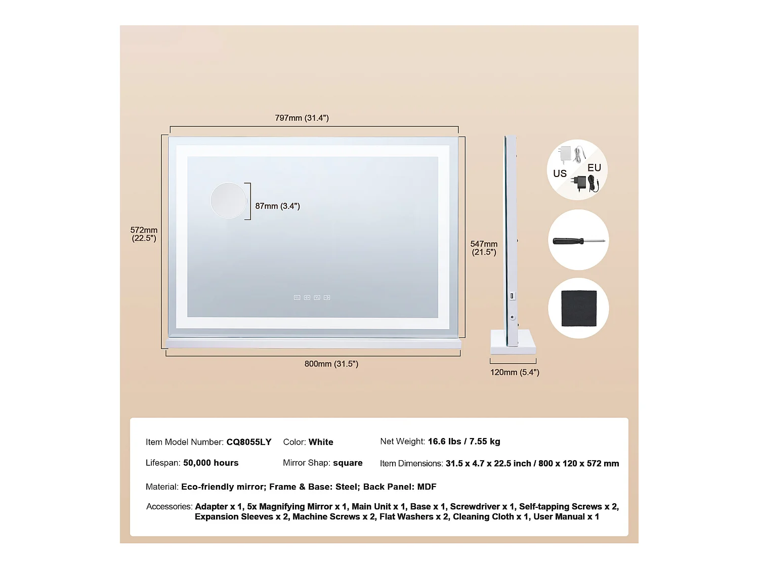 Espejo de Maquillaje Iluminado SucceBuy, Bluetooth, 3 Colores, 55 cm, Aumento 5X, USB, Blanco, para el Maquillaje de Mesa en la Habitación
