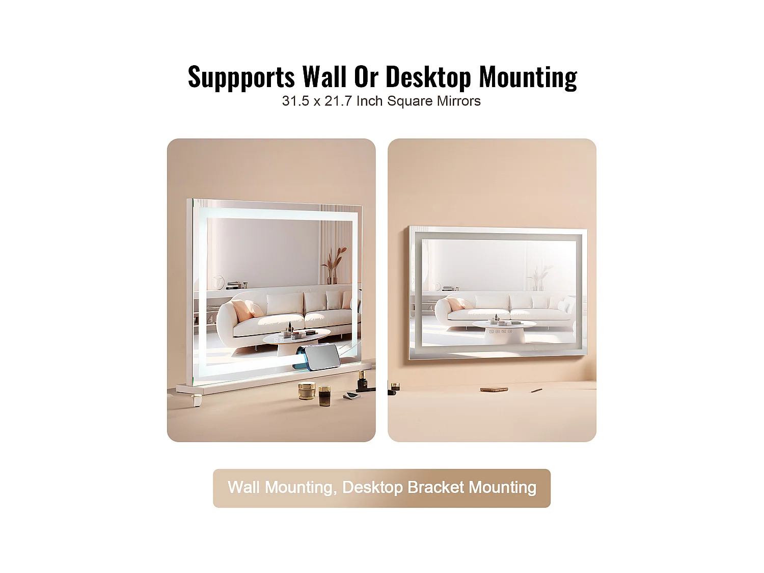 Espejo de Maquillaje Iluminado SucceBuy, Bluetooth, 3 Colores, 55 cm, Aumento 5X, USB, Blanco, para el Maquillaje de Mesa en la Habitación