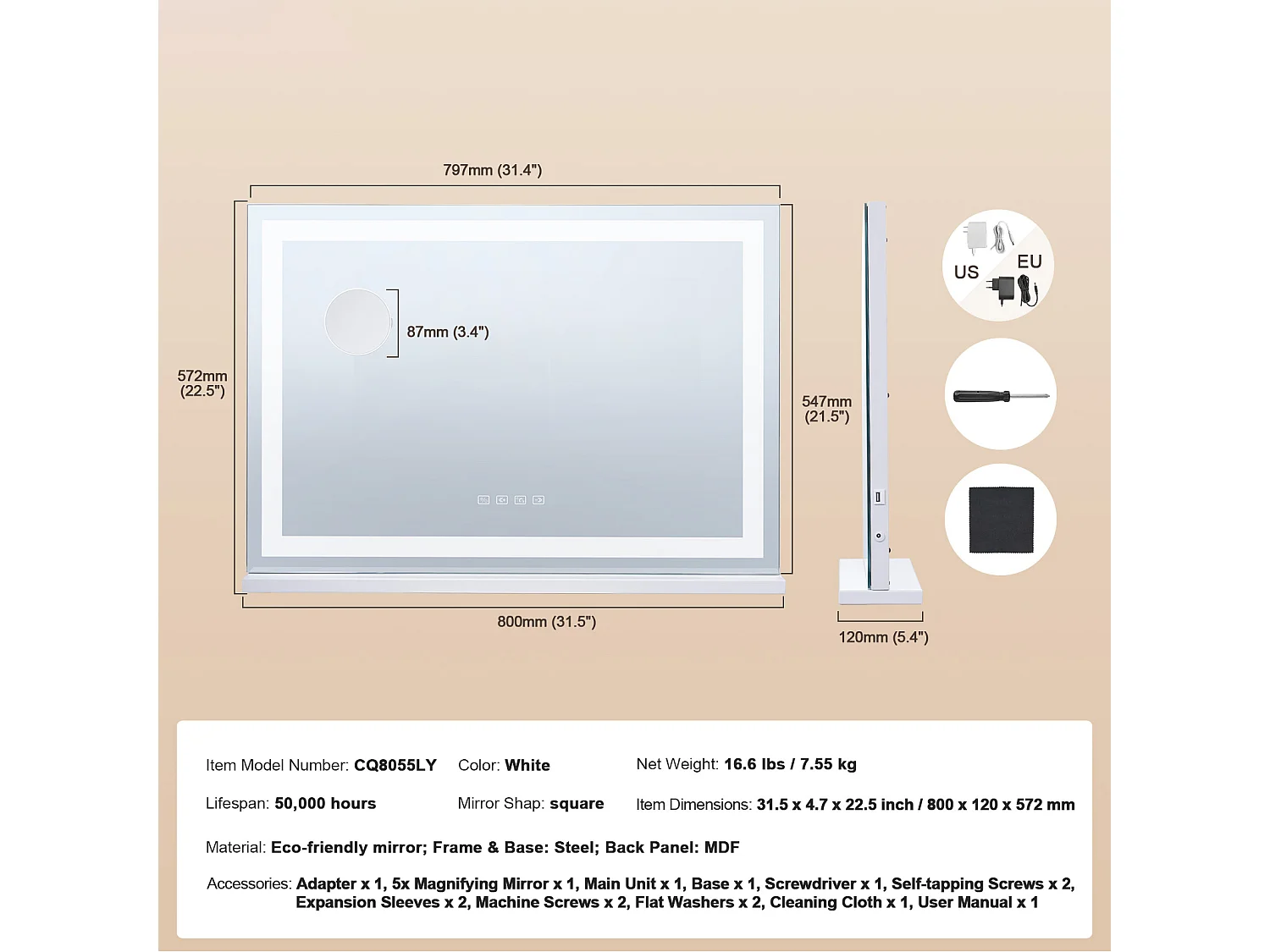 Miroir de Maquillage Éclairé SucceBuy, Bluetooth, 3 Couleurs, 55 cm, Grossissement 5X, USB, Blanc, pour le Maquillage de Table dans la Chambre