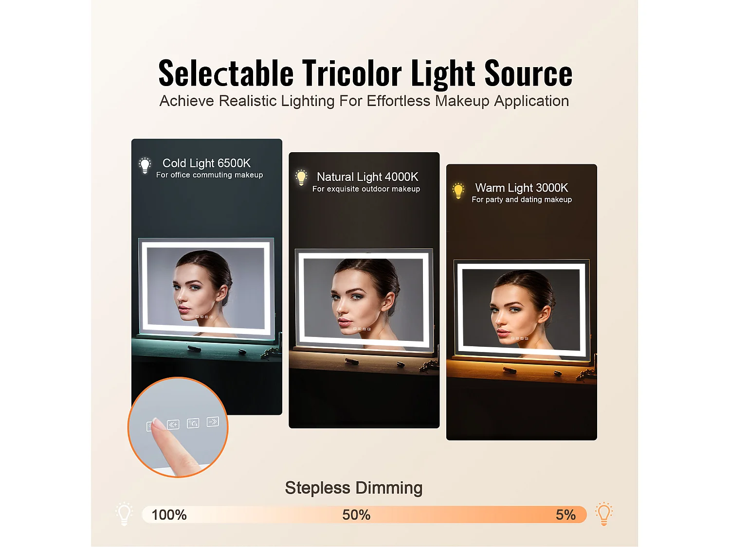 Miroir de Maquillage Éclairé SucceBuy, Bluetooth, 3 Couleurs, 55 cm, Grossissement 5X, USB, Blanc, pour le Maquillage de Table dans la Chambre