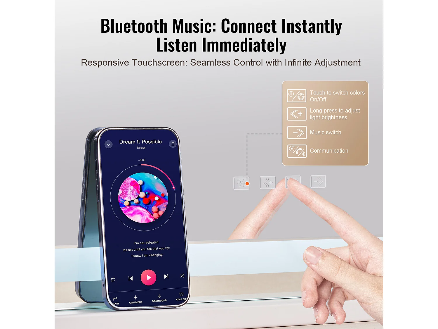 Miroir de Maquillage Éclairé SucceBuy, Bluetooth, 3 Couleurs, 55 cm, Grossissement 5X, USB, Blanc, pour le Maquillage de Table dans la Chambre