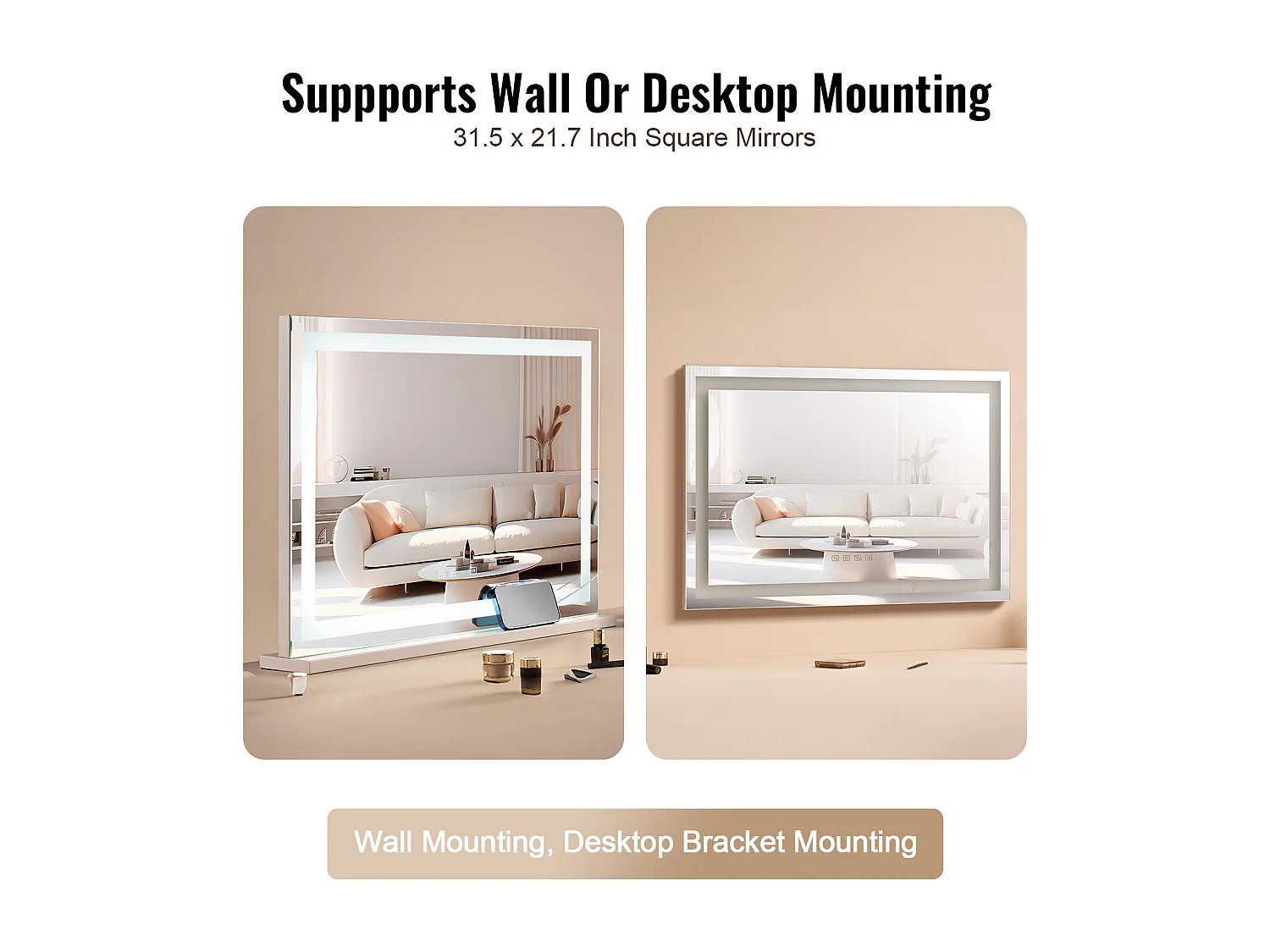 Miroir de Maquillage Éclairé SucceBuy, Bluetooth, 3 Couleurs, 55 cm, Grossissement 5X, USB, Blanc, pour le Maquillage de Table dans la Chambre