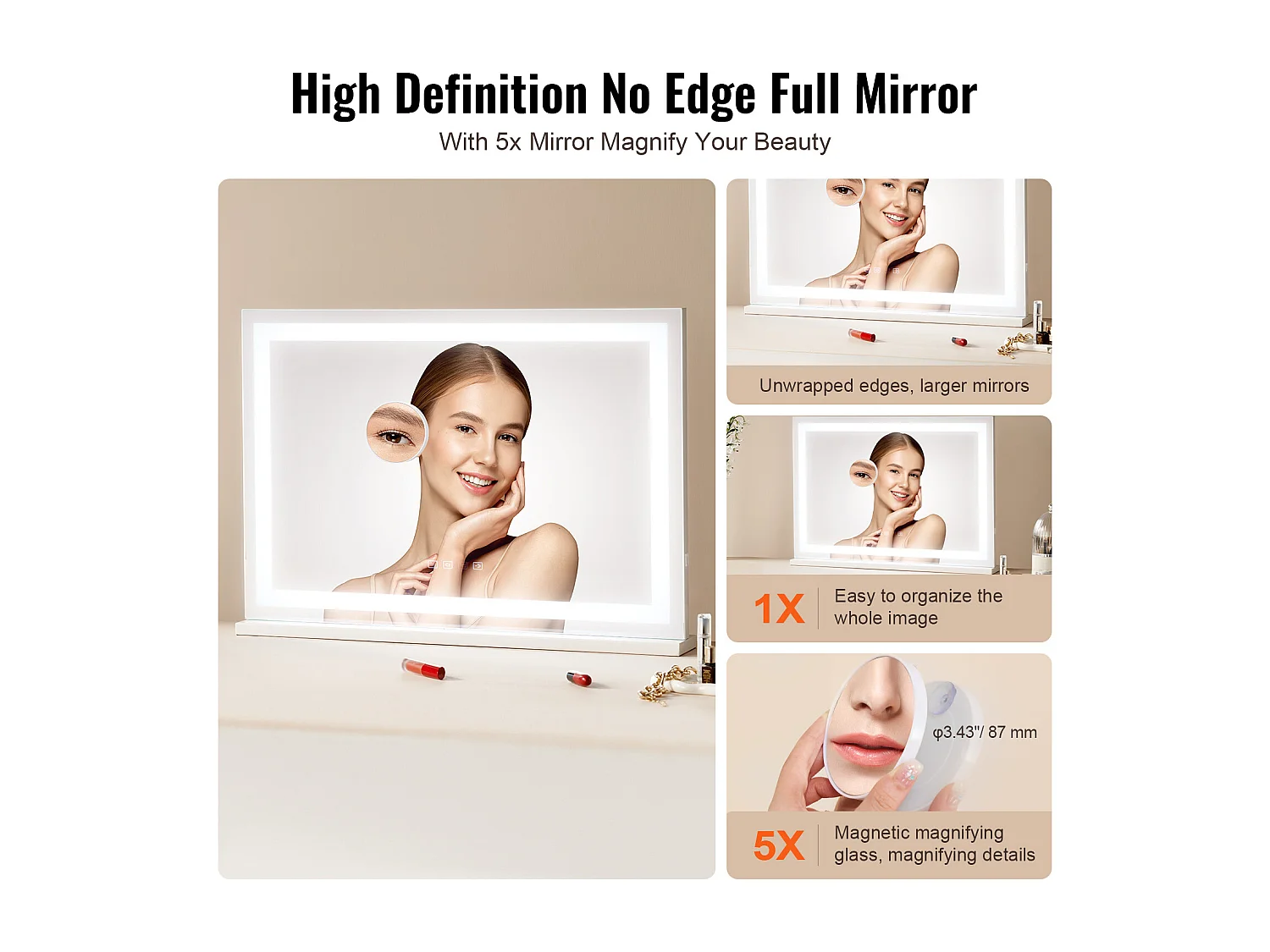 Miroir de Maquillage Éclairé SucceBuy, Bluetooth, 3 Couleurs, 55 cm, Grossissement 5X, USB, Blanc, pour le Maquillage de Table dans la Chambre