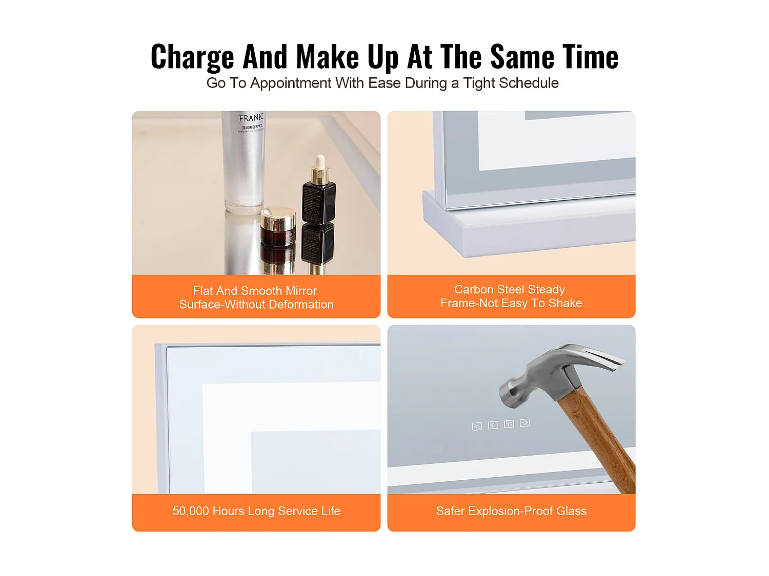 Miroir de Maquillage Éclairé SucceBuy, Bluetooth, 3 Couleurs, 55 cm, Grossissement 5X, USB, Blanc, pour le Maquillage de Table dans la Chambre