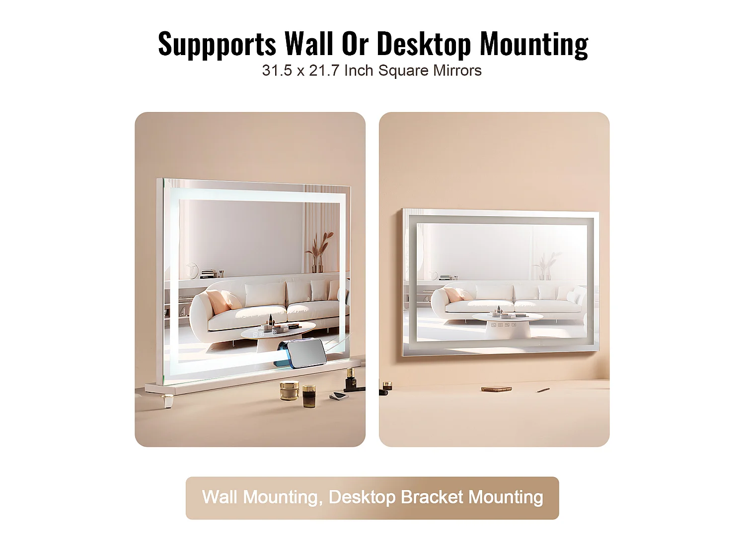 Miroir de Maquillage Éclairé SucceBuy, Bluetooth, 3 Couleurs, 55 cm, Grossissement 5X, USB, Blanc, pour le Maquillage de Table dans la Chambre