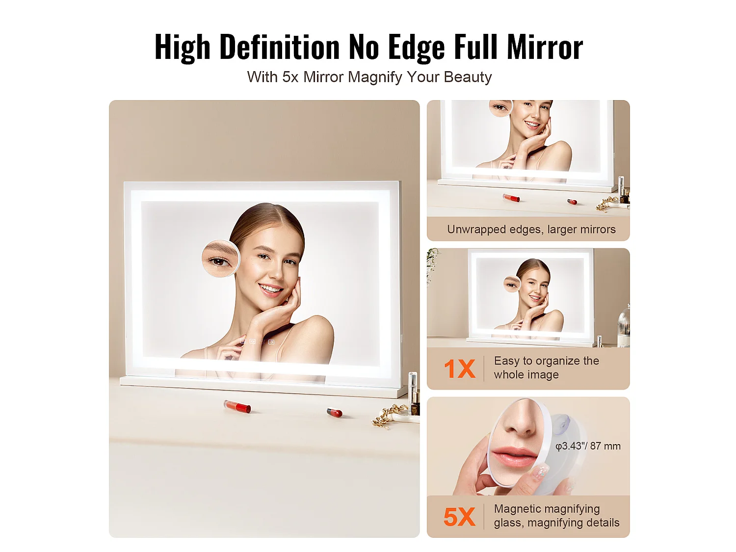 Miroir de Maquillage Éclairé SucceBuy, Bluetooth, 3 Couleurs, 55 cm, Grossissement 5X, USB, Blanc, pour le Maquillage de Table dans la Chambre