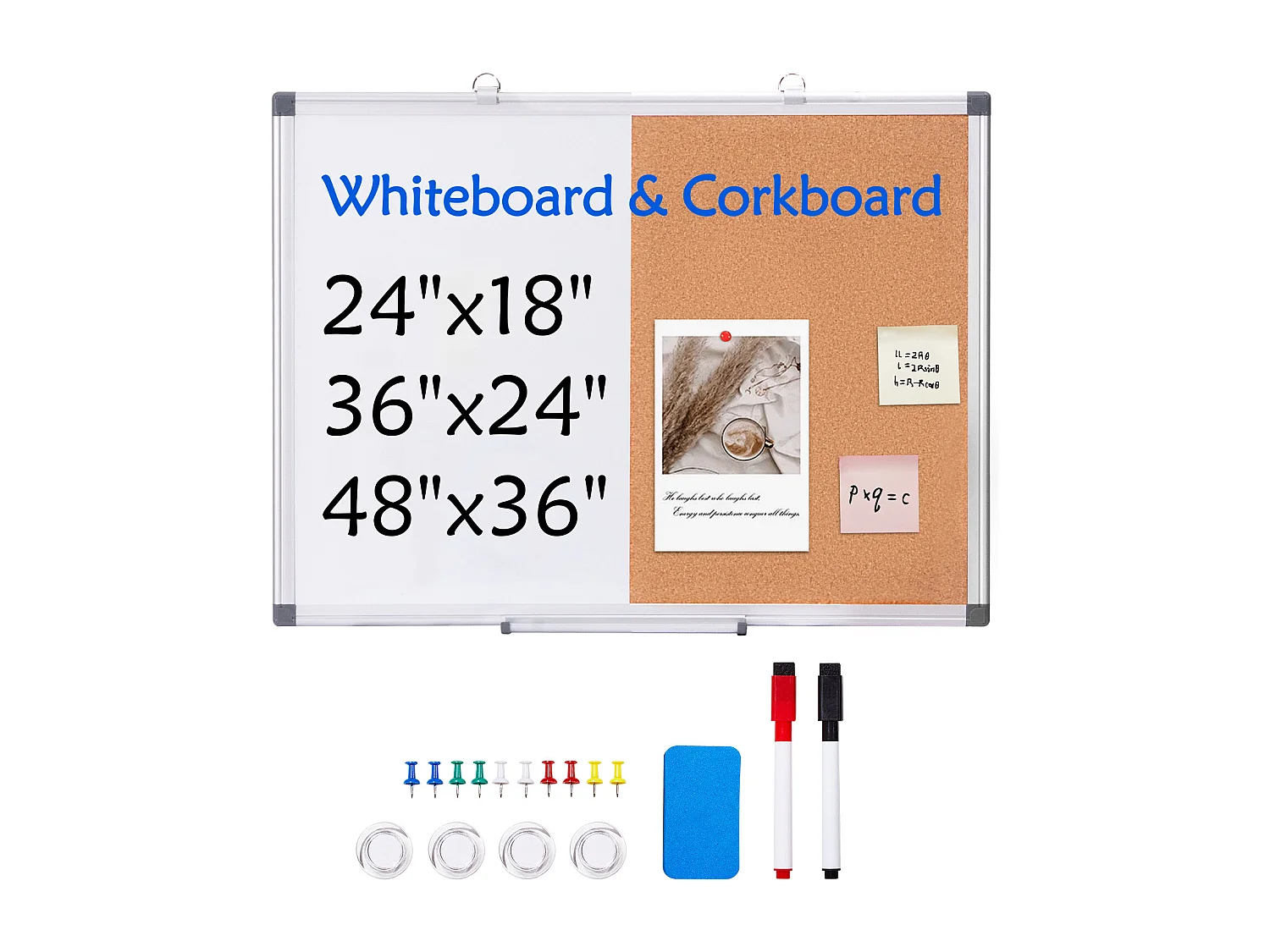 Tableau en Liège, SucceBuy 60x45 cm Tableau Blanc et Tableau en Liège Combo, Cadre en Aluminium, pour le Bureau, la Maison, l'École