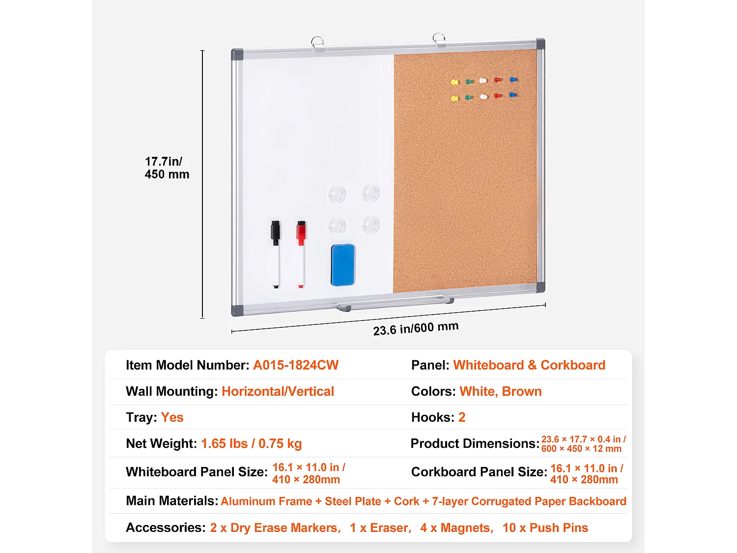 Tableau en Liège, SucceBuy 60x45 cm Tableau Blanc et Tableau en Liège Combo, Cadre en Aluminium, pour le Bureau, la Maison, l'École