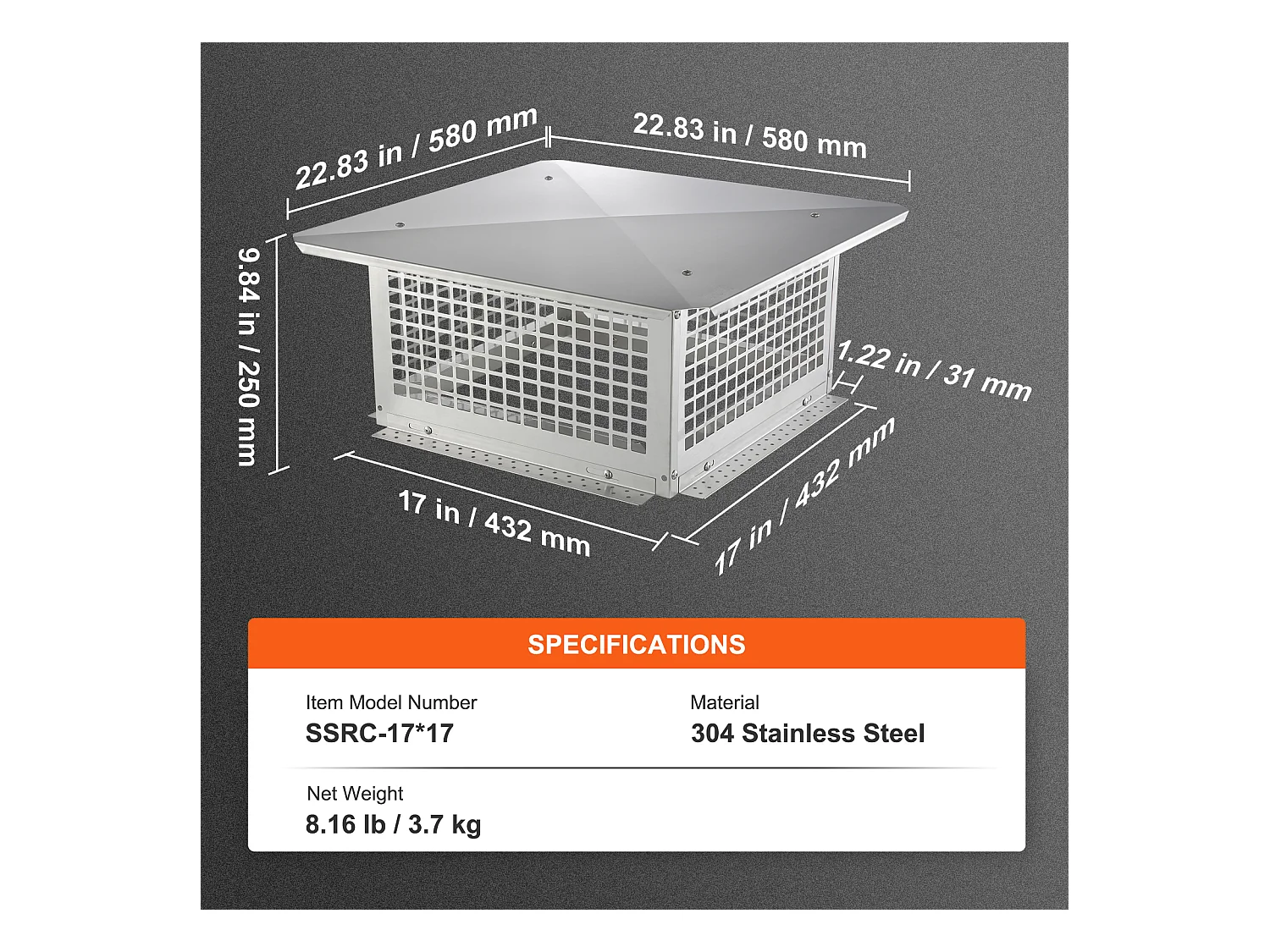 Chapeau de Cheminée SucceBuy 43.18CMx43.18CM en Acier Inoxydable 304 pour Cheminée, Convient aux Couvercles de Conduit en Maille et aux Bardeaux de Conduit