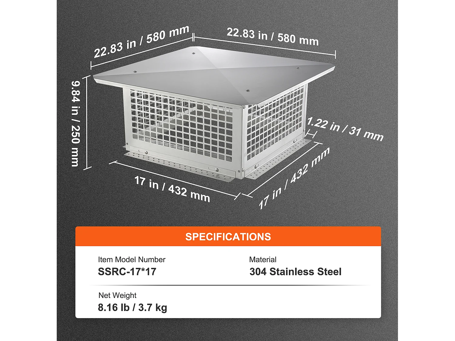 Chapeau de Cheminée SucceBuy 43.18CMx43.18CM en Acier Inoxydable 304 pour Cheminée, Convient aux Couvercles de Conduit en Maille et aux Bardeaux de Conduit
