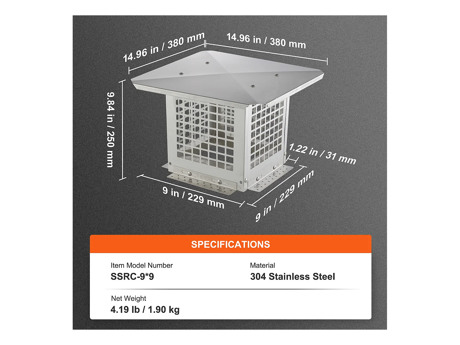Testa di Camino SucceBuy 22.86CM x 22.86CM, Copertura di Condotto di Camino in Acciaio Inossidabile 304, Maglia