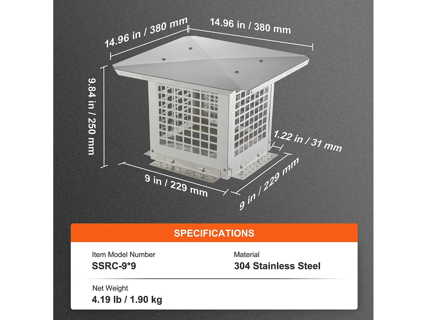 Schoorsteenkap SucceBuy 22.86CM x 22.86CM, Schoorsteenleidingdeksel van Roestvrij Staal 304, Maille