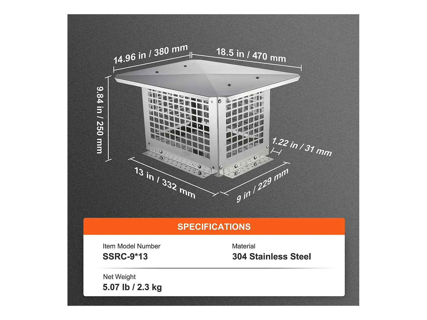 Chapeau de Cheminée SucceBuy 33CM x 23CM, Couvercle de Conduit de Cheminée en Acier Inoxydable 304, Installation Durable et Facile