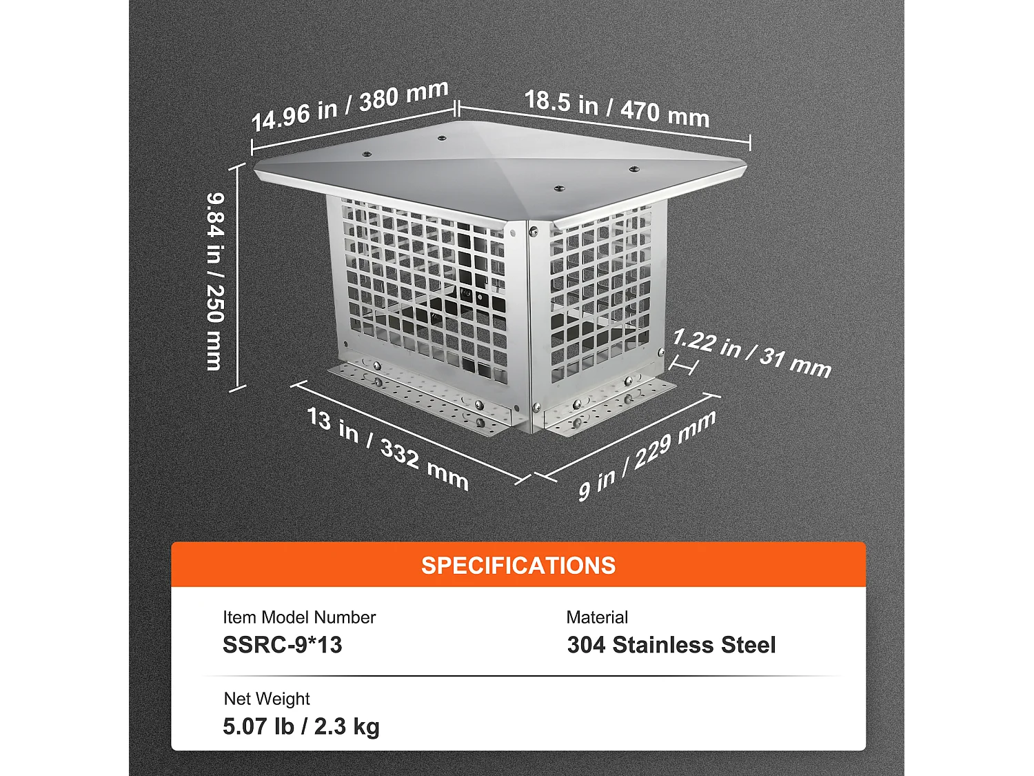 Tampa de Chaminé SucceBuy 33CM x 23CM, Tampa de Conduto de Lareira em Aço Inoxidável 304, Instalação Durável e Fácil