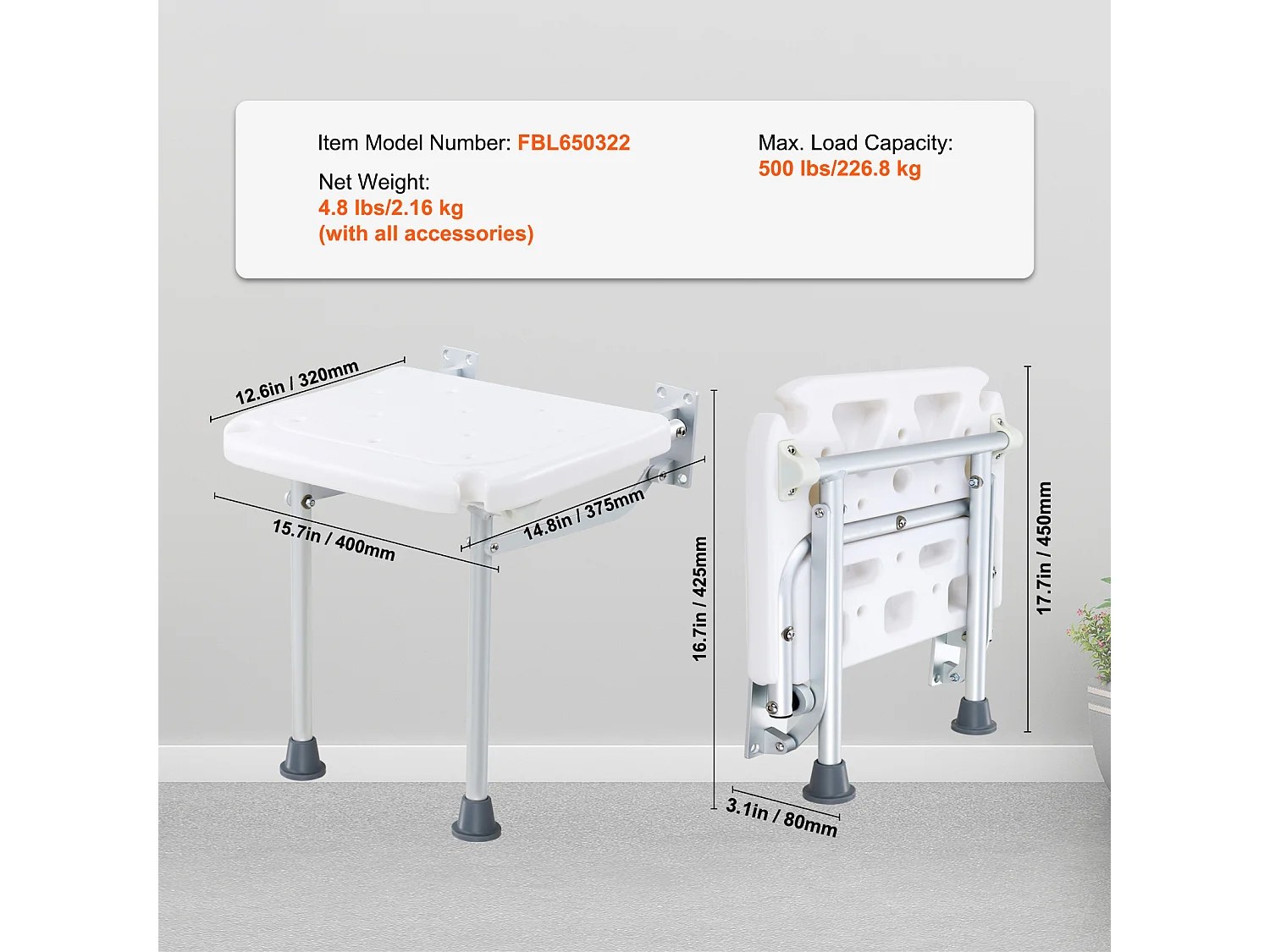 Assento de Duche Plegável em Polietileno SucceBuy, 40 x 38 cm, Fixação Mural 227 kg