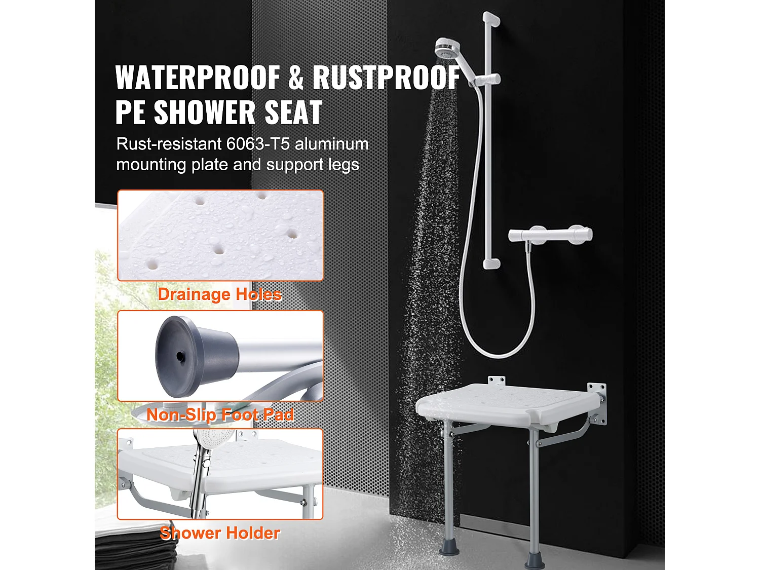 Assento de Duche Plegável em Polietileno SucceBuy, 40 x 38 cm, Fixação Mural 227 kg