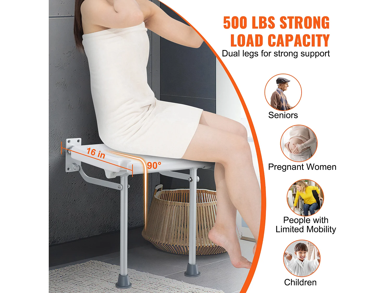 Assento de Duche Plegável em Polietileno SucceBuy, 40 x 38 cm, Fixação Mural 227 kg