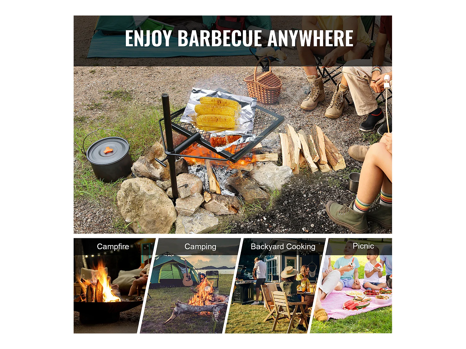 Barbecue de Camp SucceBuy, en Acier Robuste, Réglable, pour le Camping, la Randonnée, les Pique-niques, les Voyages, l'Escalade