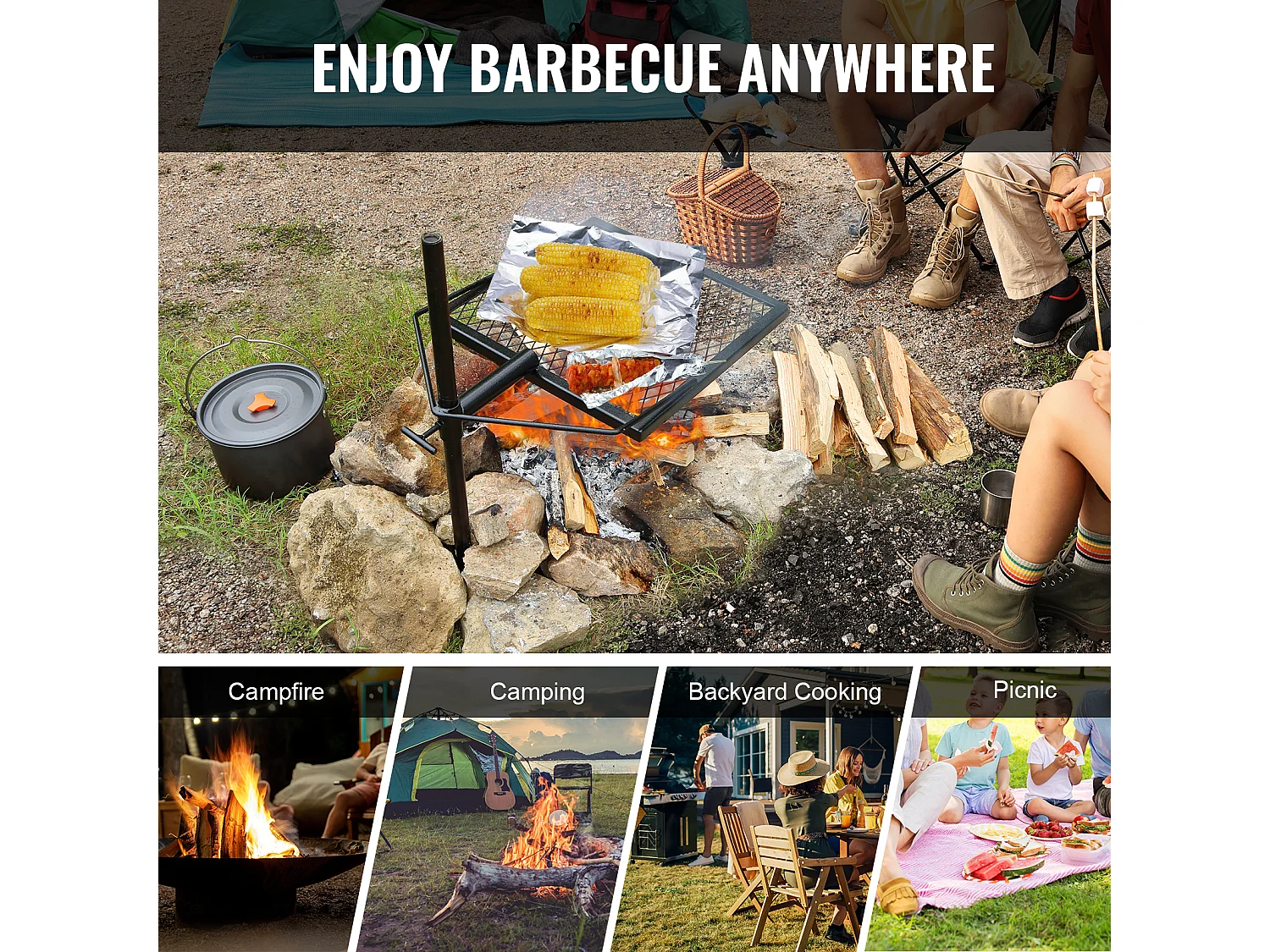 Barbecue de Camp SucceBuy, en Acier Robuste, Réglable, pour le Camping, la Randonnée, les Pique-niques, les Voyages, l'Escalade