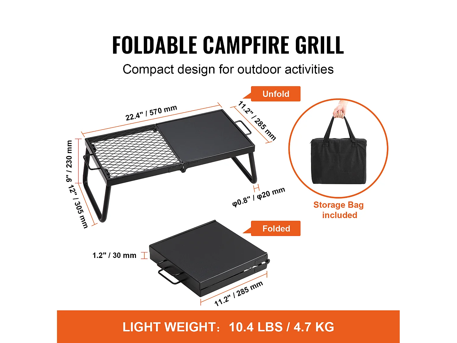 Barbecue de Camp Pliable SucceBuy, Barbecue Portable en Acier de 57 cm pour Camping et Pique-Nique en Plein Air
