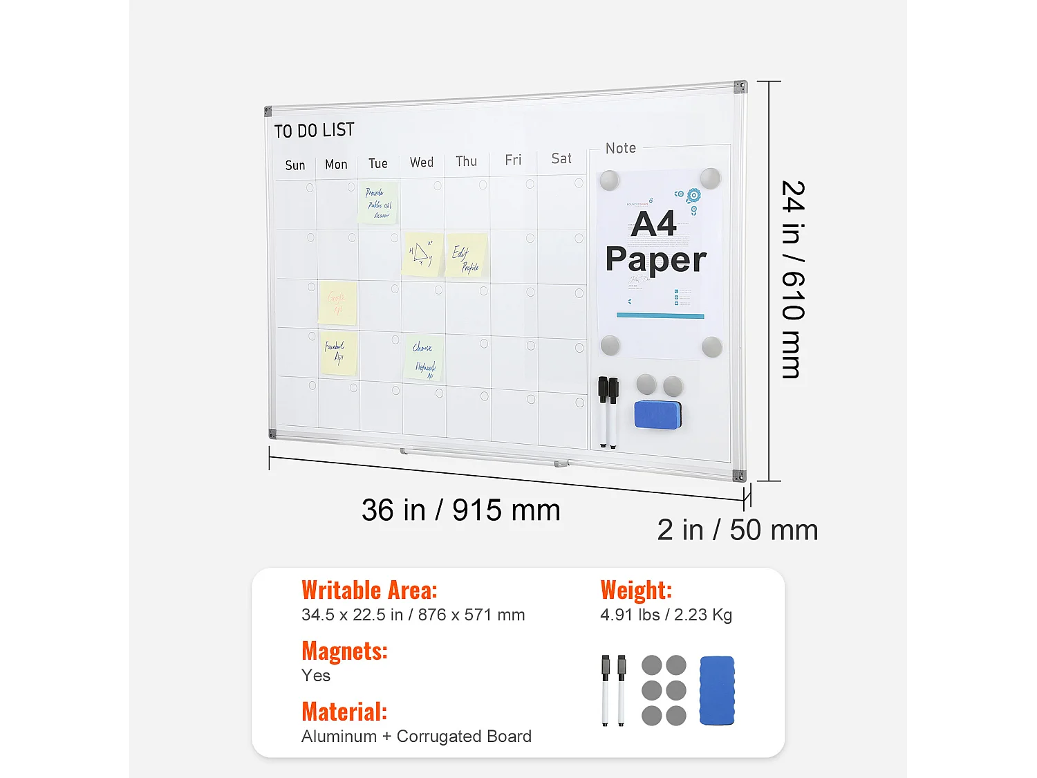 Tableau Blanc Magnétique SucceBuy, Effaçable à Sec,  91 x 61cm, Montage Mural pour Utilisation au Bureau