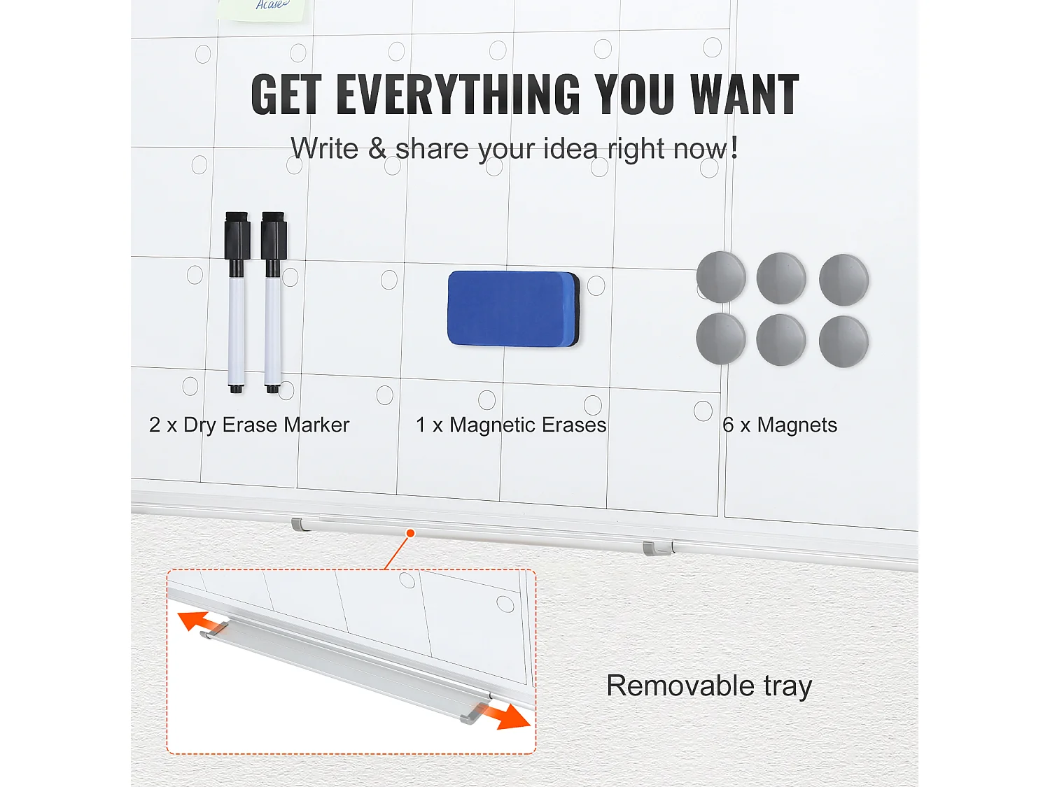 Tableau Blanc Magnétique SucceBuy, Effaçable à Sec,  91 x 61cm, Montage Mural pour Utilisation au Bureau