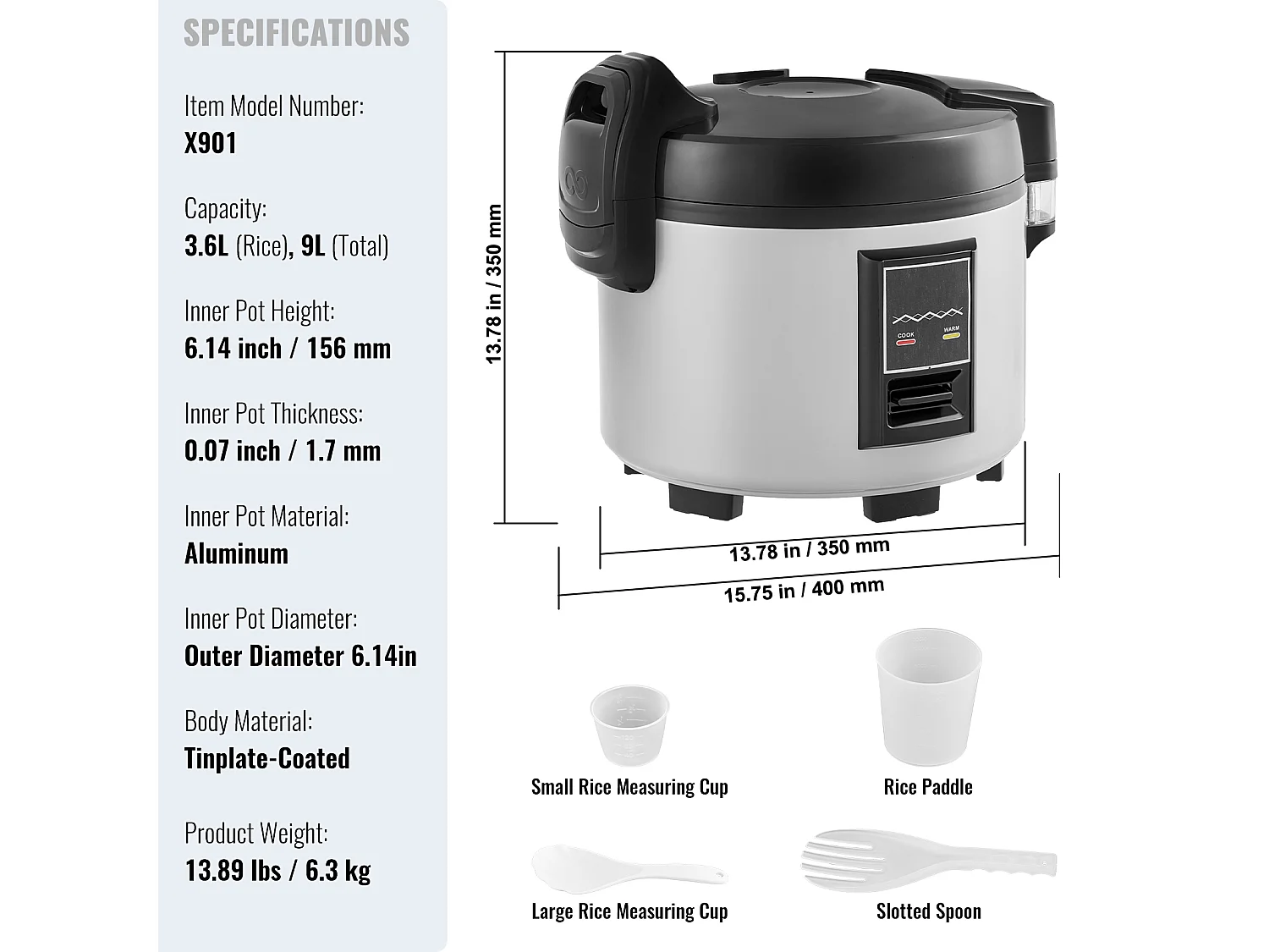 Arrocera Comercial SucceBuy, 45 Tazas 9 L Antiadherente 12 H Mantener Caliente para Restaurantes