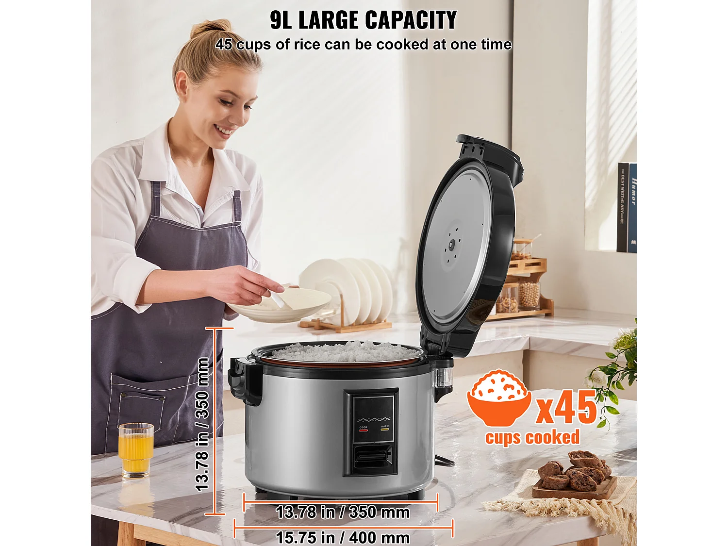 Arrocera Comercial SucceBuy, 45 Tazas 9 L Antiadherente 12 H Mantener Caliente para Restaurantes