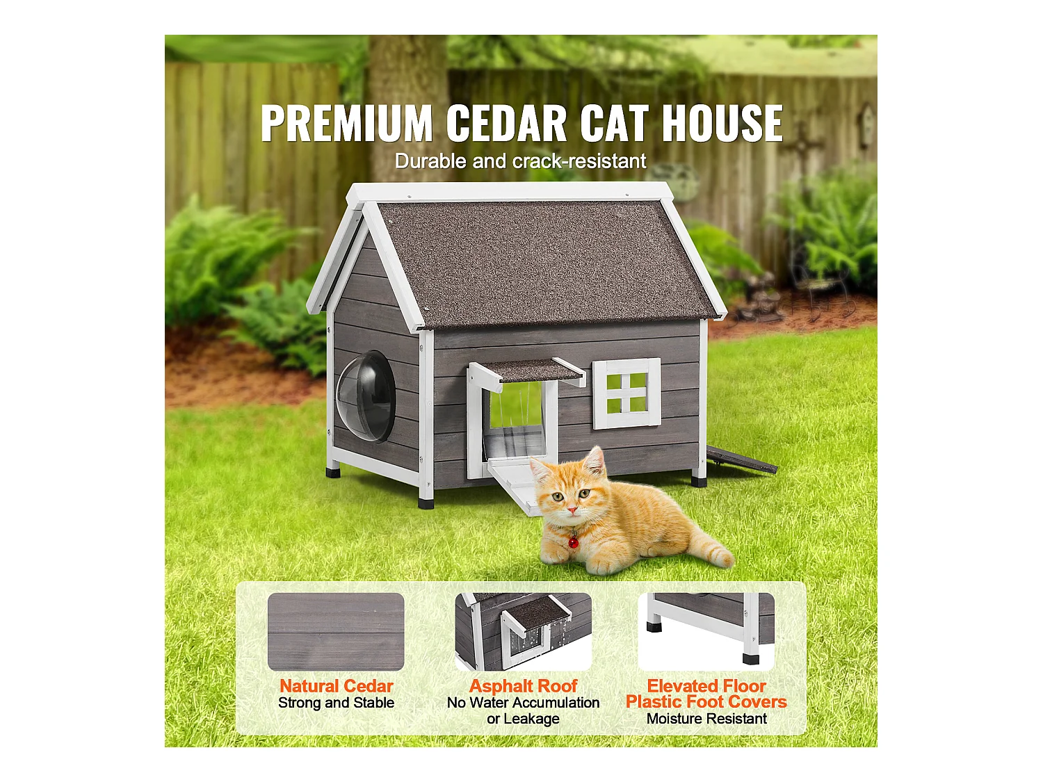 Maison pour Chat, SucceBuy Outdoor Cat Housing - un Abri en Bois pour Féelins Errants, Equipé d'un Toit, de Portes Pliantes et d'une Fenêtre d'Observation