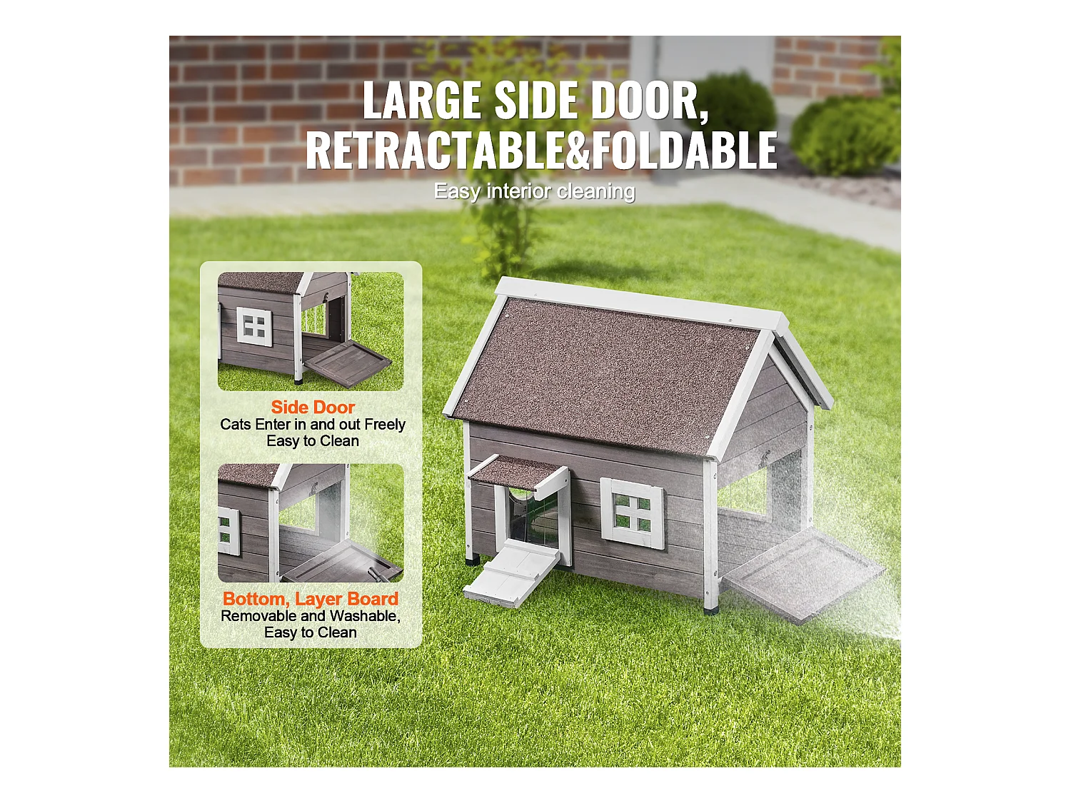 Maison pour Chat, SucceBuy Outdoor Cat Housing - un Abri en Bois pour Féelins Errants, Equipé d'un Toit, de Portes Pliantes et d'une Fenêtre d'Observation