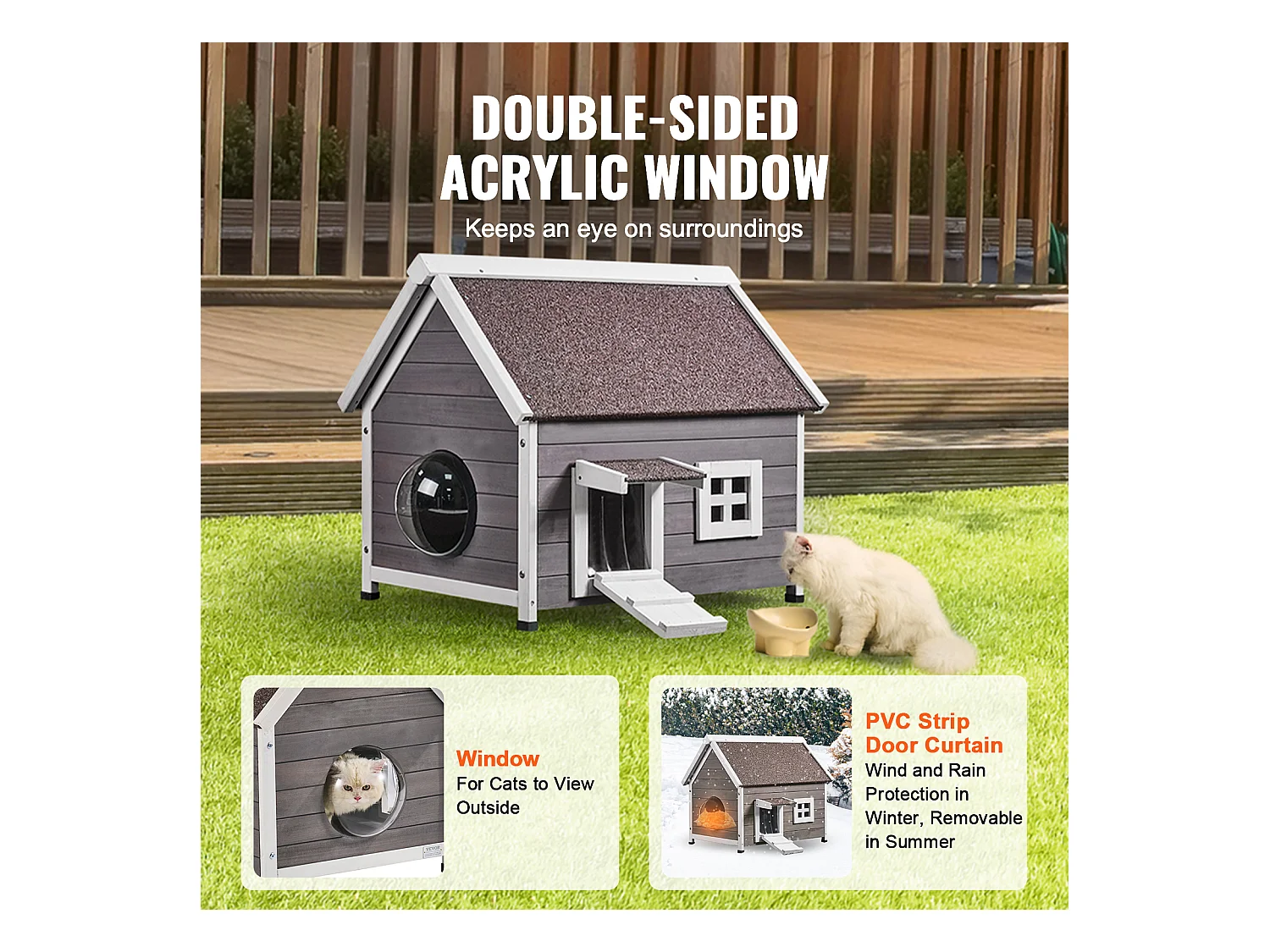 Maison pour Chat, SucceBuy Outdoor Cat Housing - un Abri en Bois pour Féelins Errants, Equipé d'un Toit, de Portes Pliantes et d'une Fenêtre d'Observation