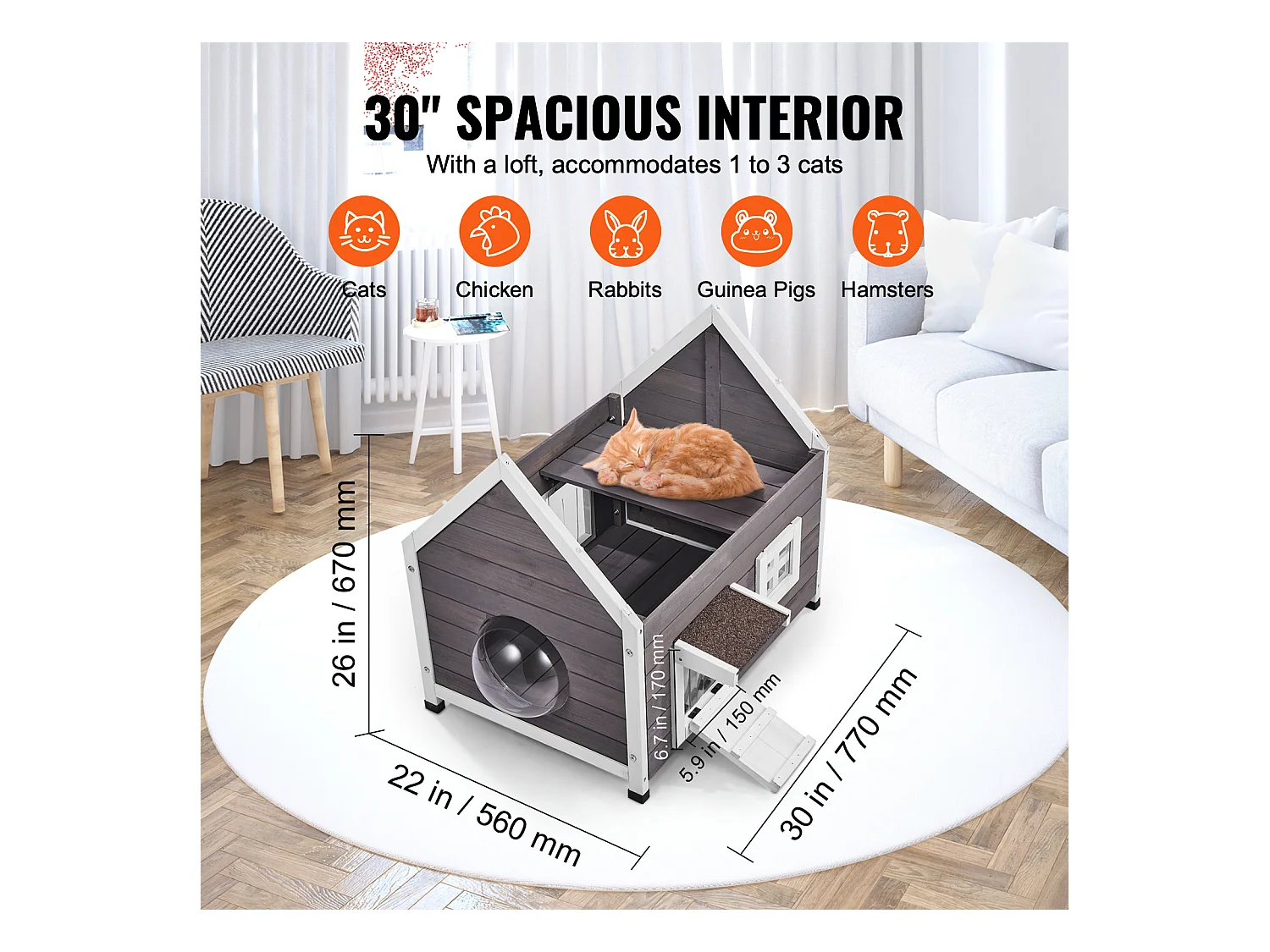Maison pour Chat, SucceBuy Outdoor Cat Housing - un Abri en Bois pour Féelins Errants, Equipé d'un Toit, de Portes Pliantes et d'une Fenêtre d'Observation