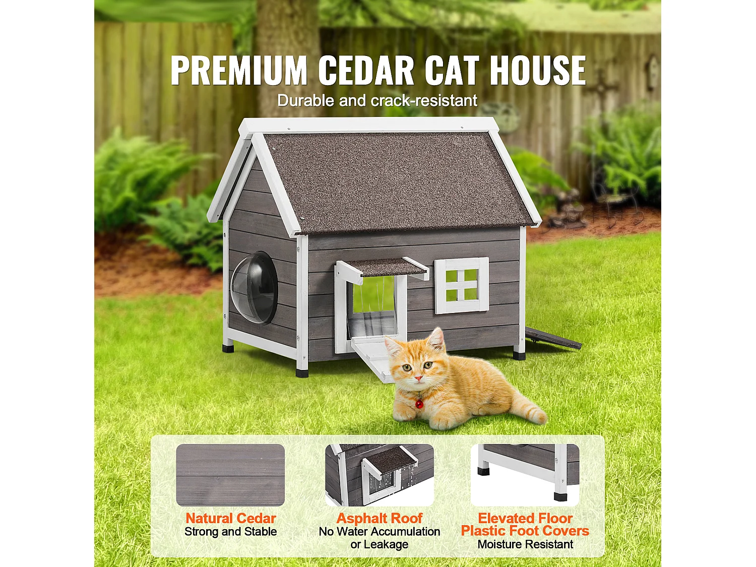 Maison pour Chat, SucceBuy Outdoor Cat Housing - un Abri en Bois pour Féelins Errants, Equipé d'un Toit, de Portes Pliantes et d'une Fenêtre d'Observation