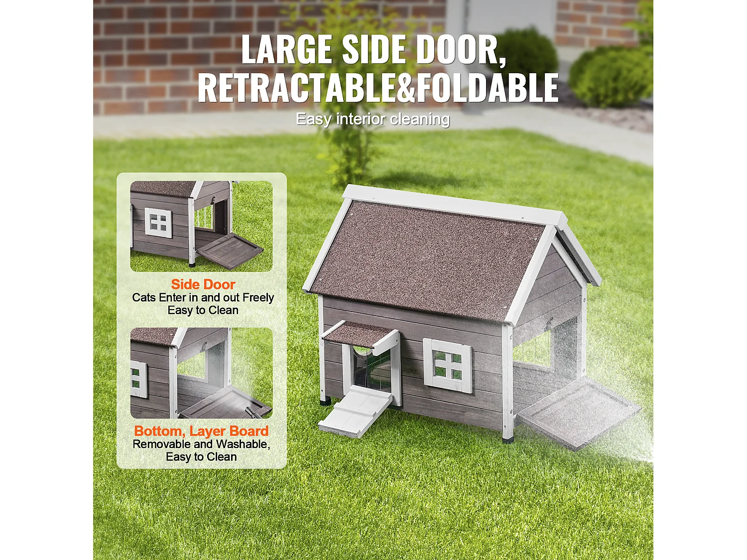 Maison pour Chat, SucceBuy Outdoor Cat Housing - un Abri en Bois pour Féelins Errants, Equipé d'un Toit, de Portes Pliantes et d'une Fenêtre d'Observation